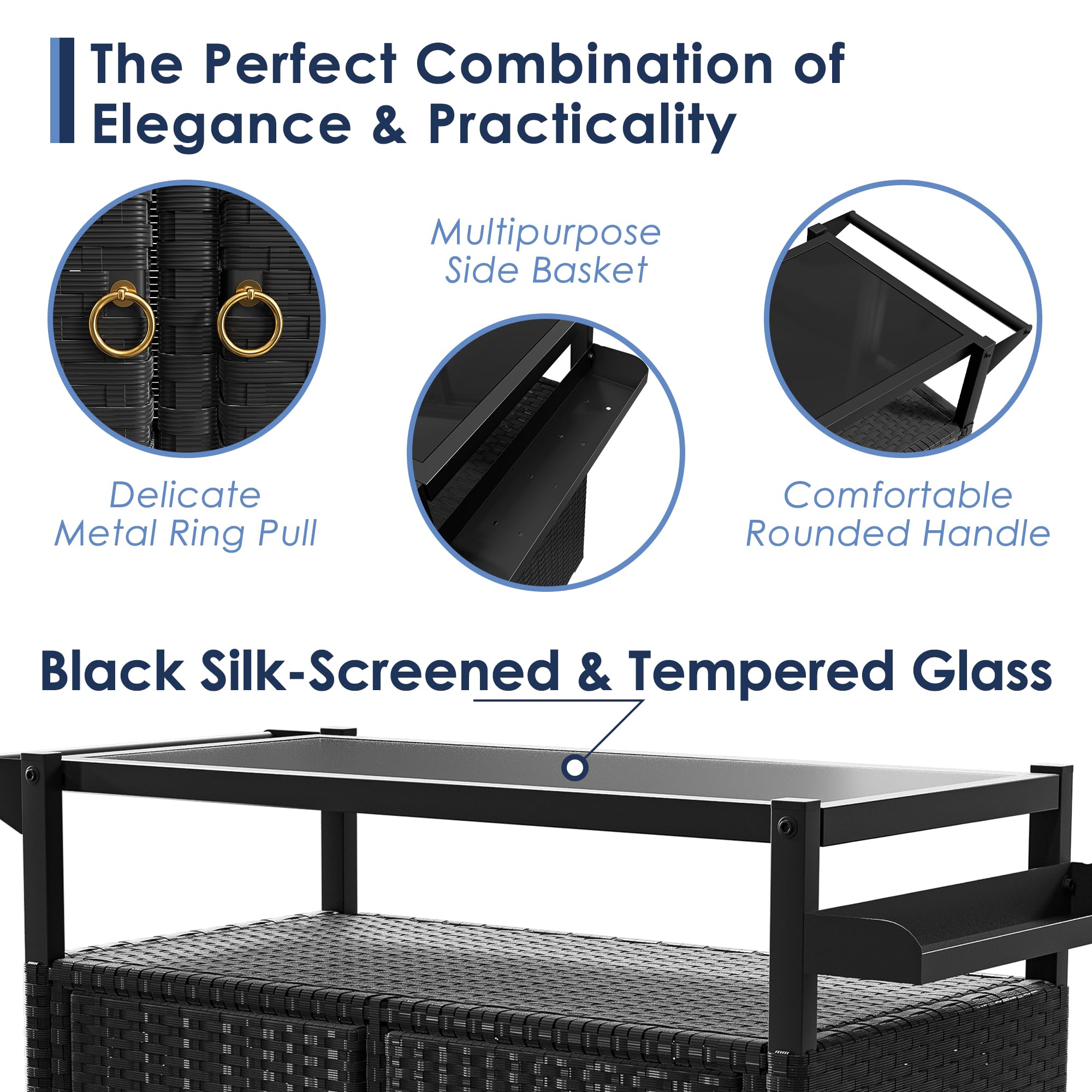 Xilingol Outdoor Bar Table, Wicker Bar Cart with Cabinet, Patio Serving Cart with Tempered Glass Top, Lockable Wheels, Rounded Handle & Side Basket for Garden, Poolside & Backyard, Black
