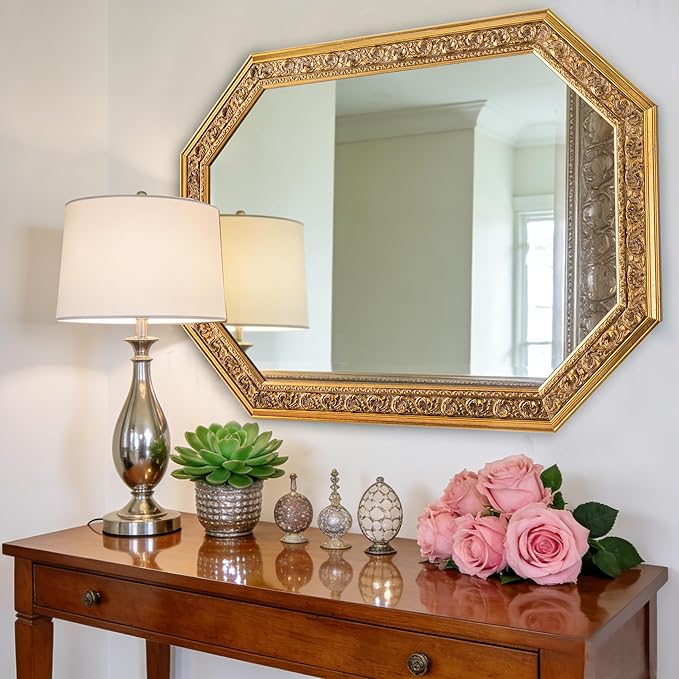 Octagonal Gold Wall Mirror with Carved Wood Frame