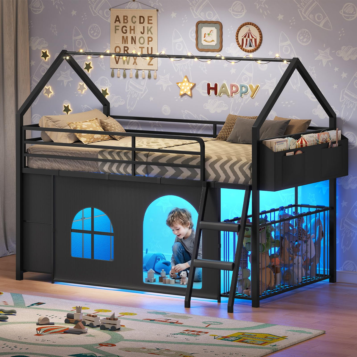 Low Loft Bed T Size with 6 Storage Drawers,Stuffed Animal Storage,LED Light