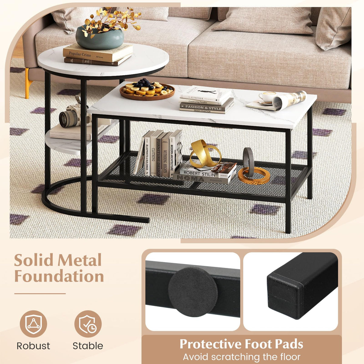 GOFLAME Nesting Coffee Table Set of 2, 2 PCS Nesting Tables with Faux Marble Top and Extra Storage Shelf, Modern Round End Table & Rectangular Coffee Tables for Living Room, Bedroom, Black+White