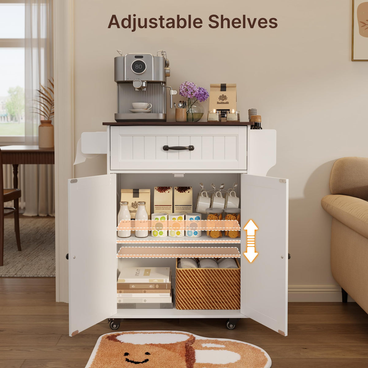 Gizoon 33"W White Kitchen Island Cart with Adjustable Shelf, Retro Tabletop