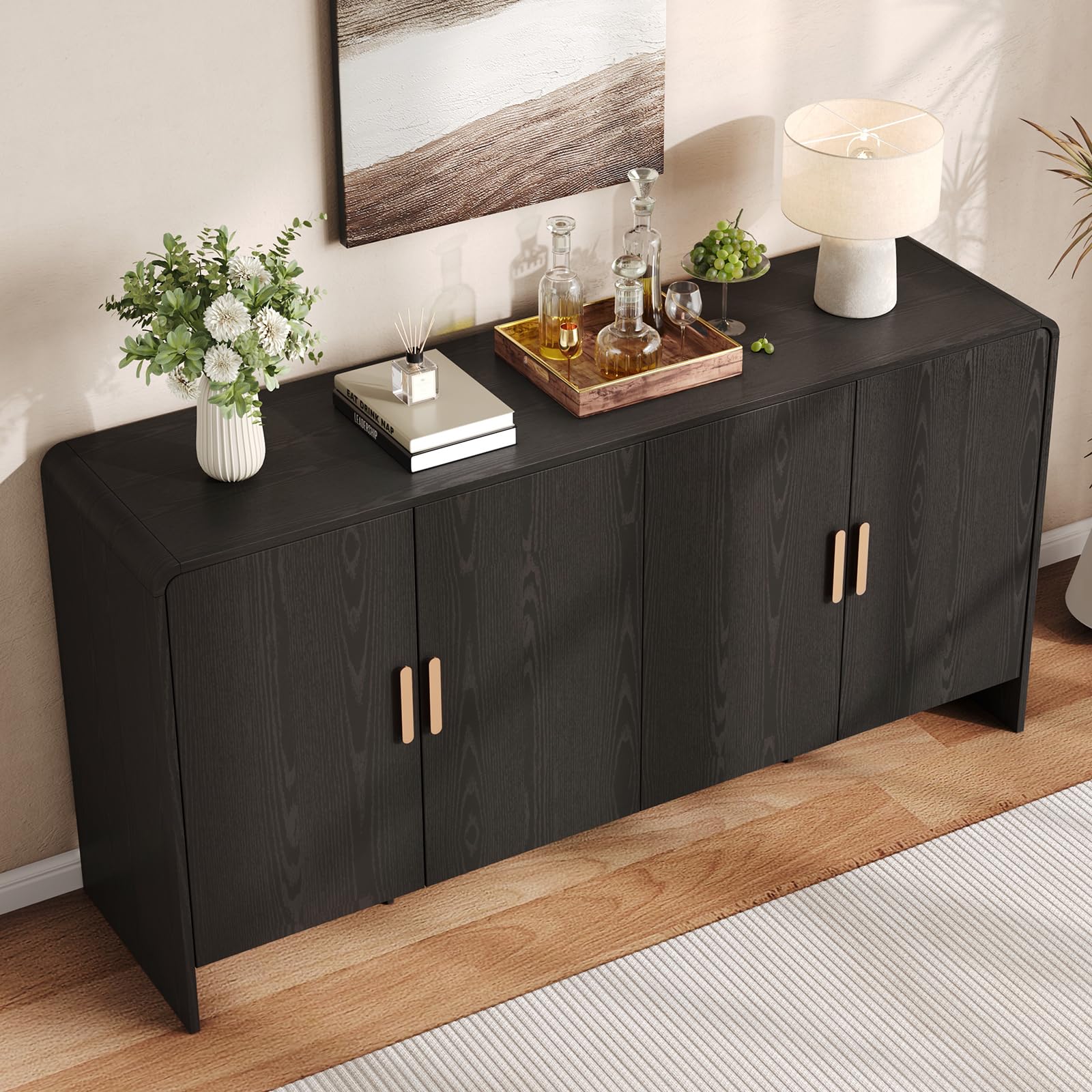 60" Sideboard Buffet Cabinet, Large Curved Design Storage Cabinet with 4 Doors & 2 Adjustable Shelves, Sturdy Build, Easy Assembly, Bar Console Fit for Dining Room/Living Room/Kitchen, Black