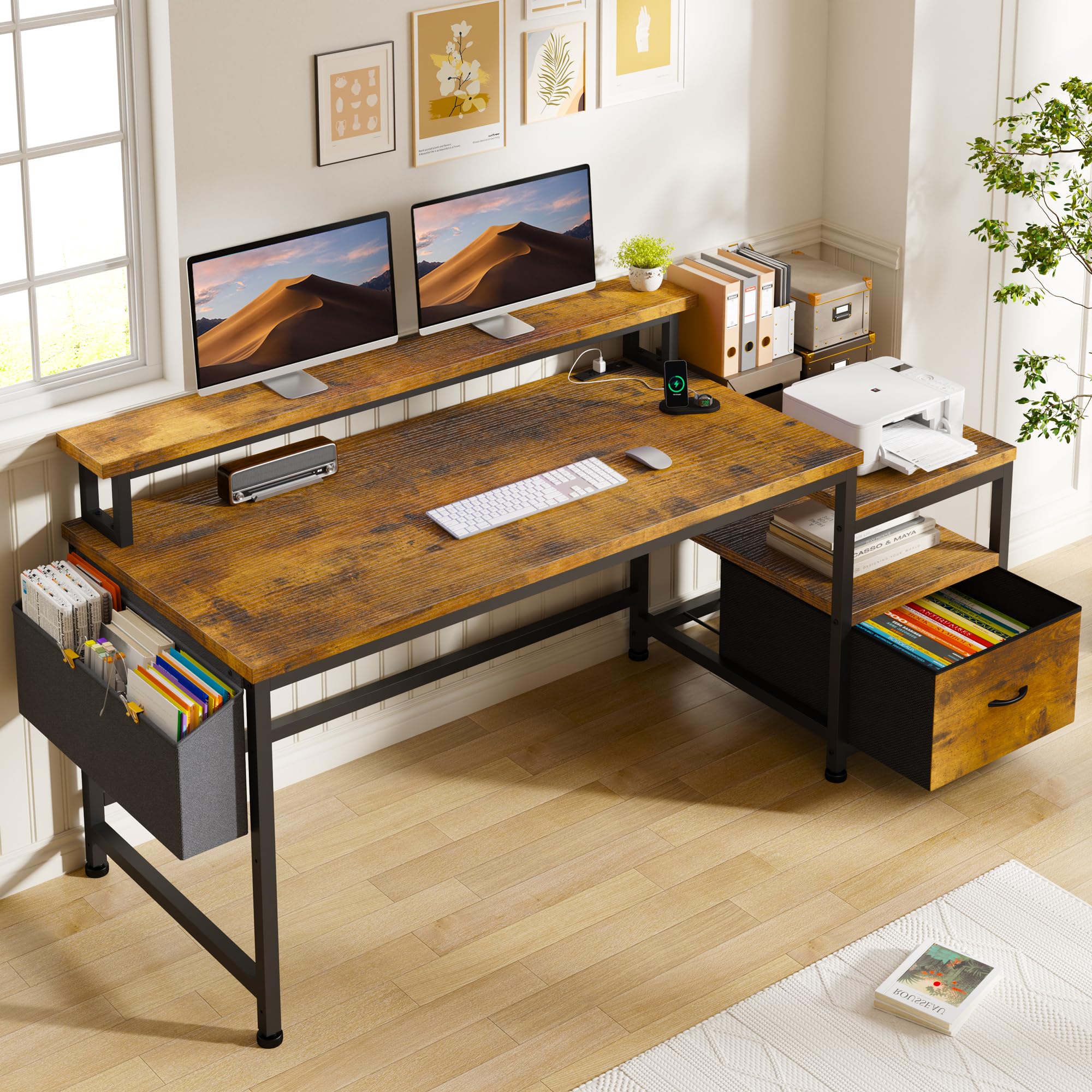 56.5" Office Desk with Monitor Stand, Filing Cabinet & Power Outlets