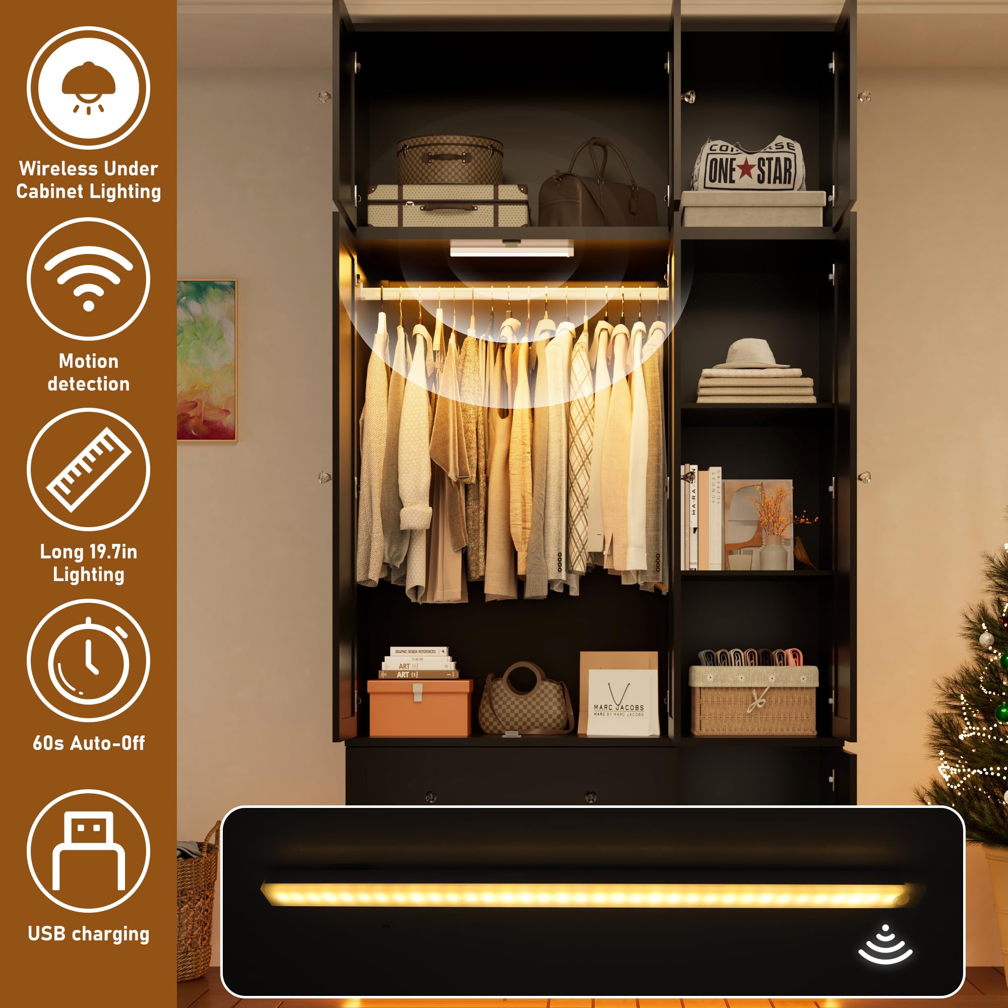 92.2" Tall Armoire Wardrobe Closet with Mirror & Motion Sensor Light, Large Storage Cabinet with 2 Drawers, Hanging Rod & Adjustable LED Strip, Anti-Tipping Wood Bedroom Furniture, 47.4"L, Balck