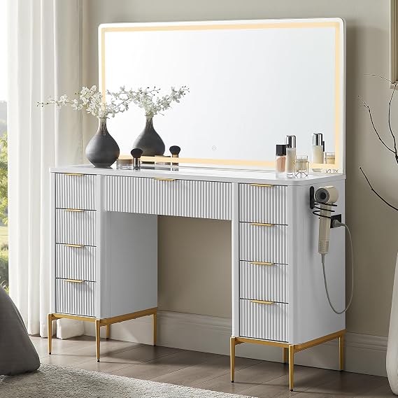 48" Fluted Makeup Vanity Desk with LED Mirror & 9 Drawers