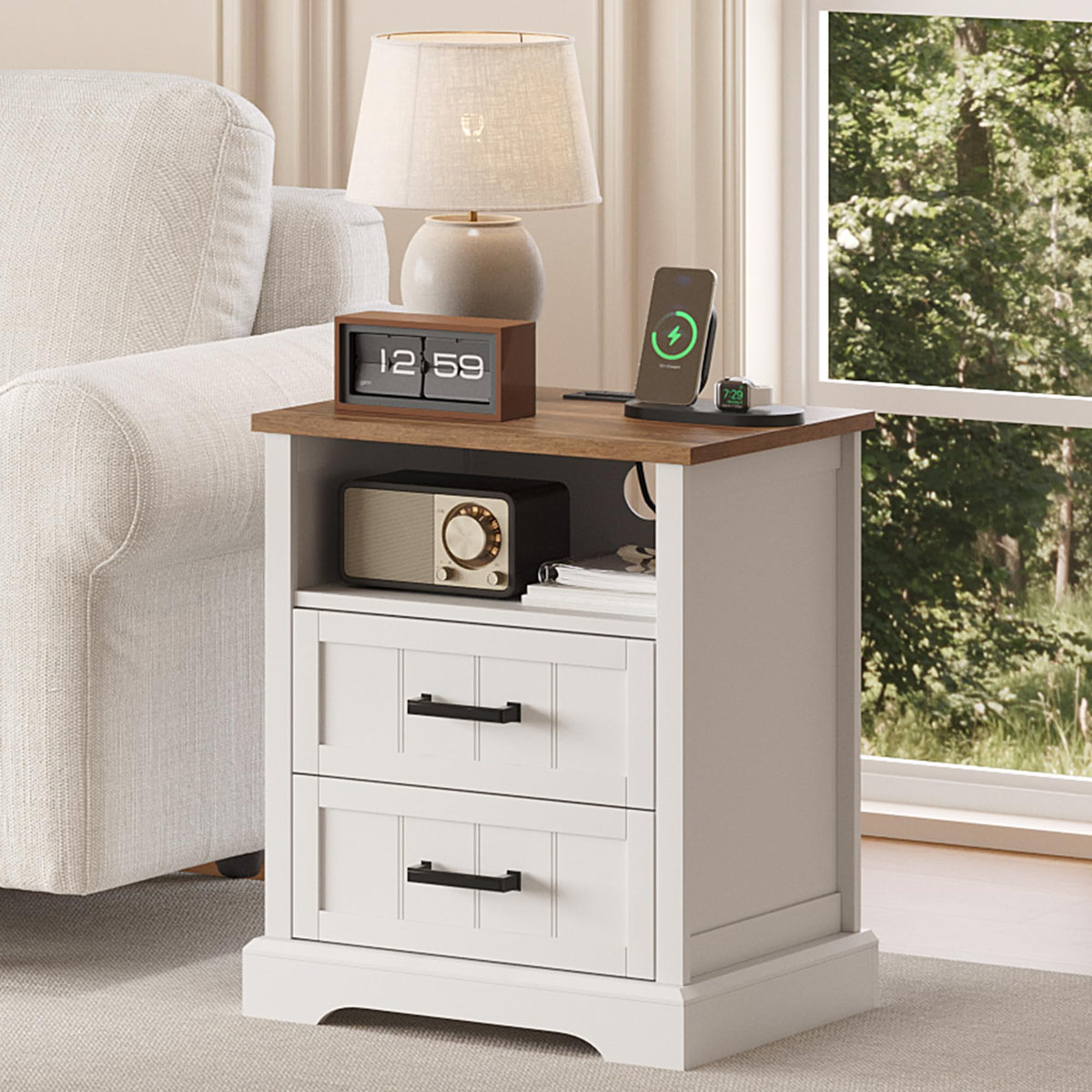 ChooChoo Farmhouse Night Stands with Charging Station Set of 2, 2 Drawers