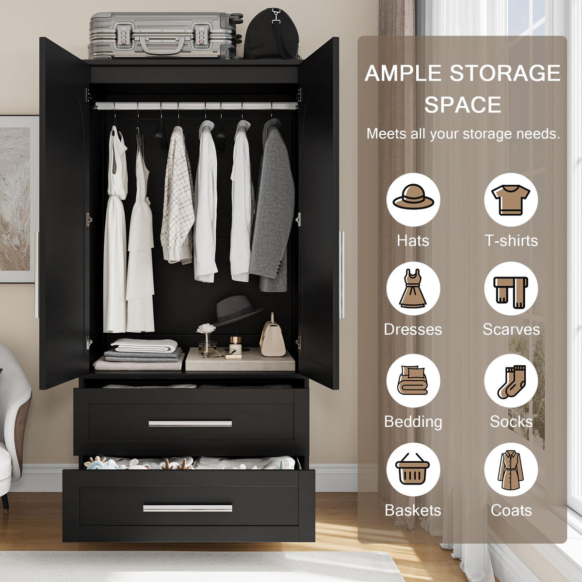 Black Wood Wardrobe with Drawers