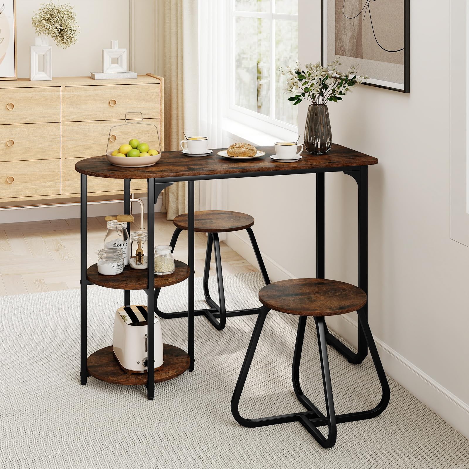 3-Piece Industrial Dining Table Set with 2 Stools & Storage Shelves