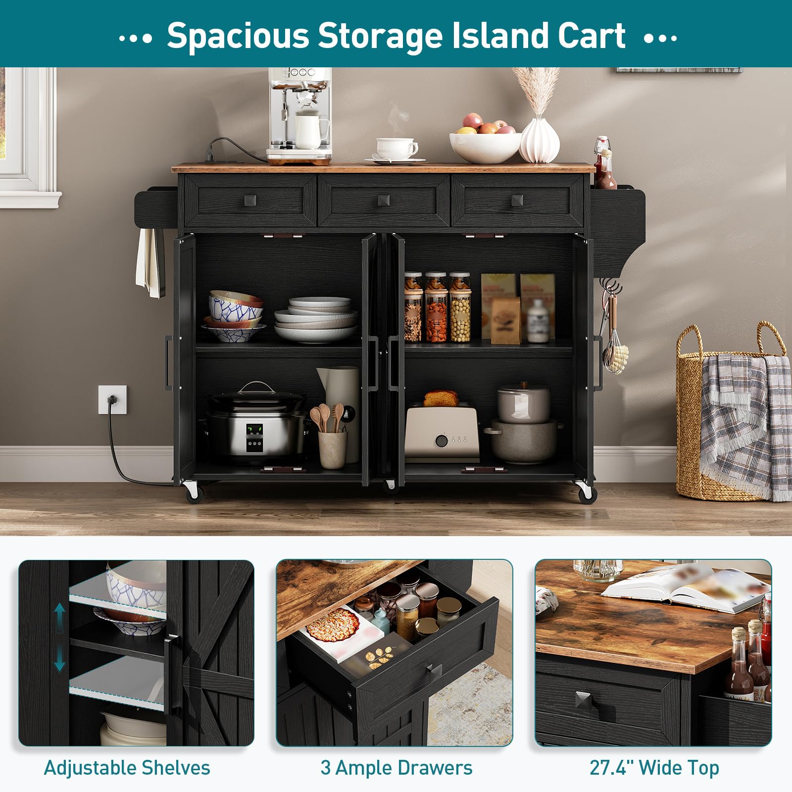 Kitchen Island Cart with Drop Leaf & Power Outlet
