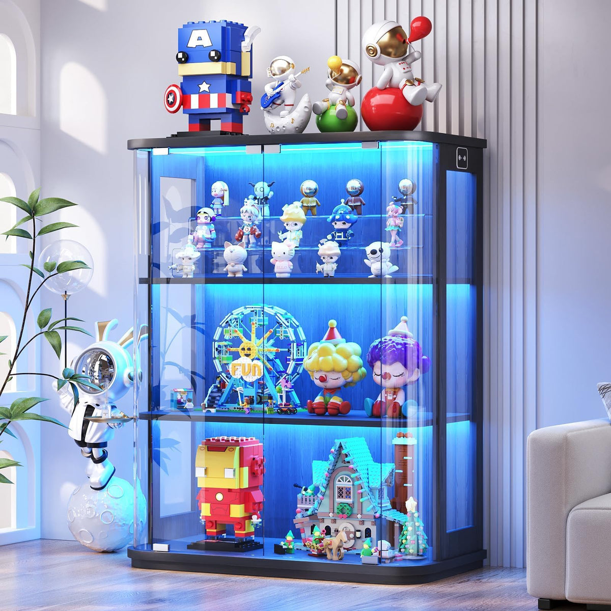 BROTTAR 3-Tier Rounded Display Cabinet with Lights&Human Body Sensor Black