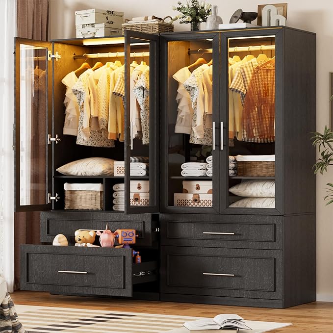 Armoire Wardrobe Closet with LED Light, Drawers & Hanging Rod