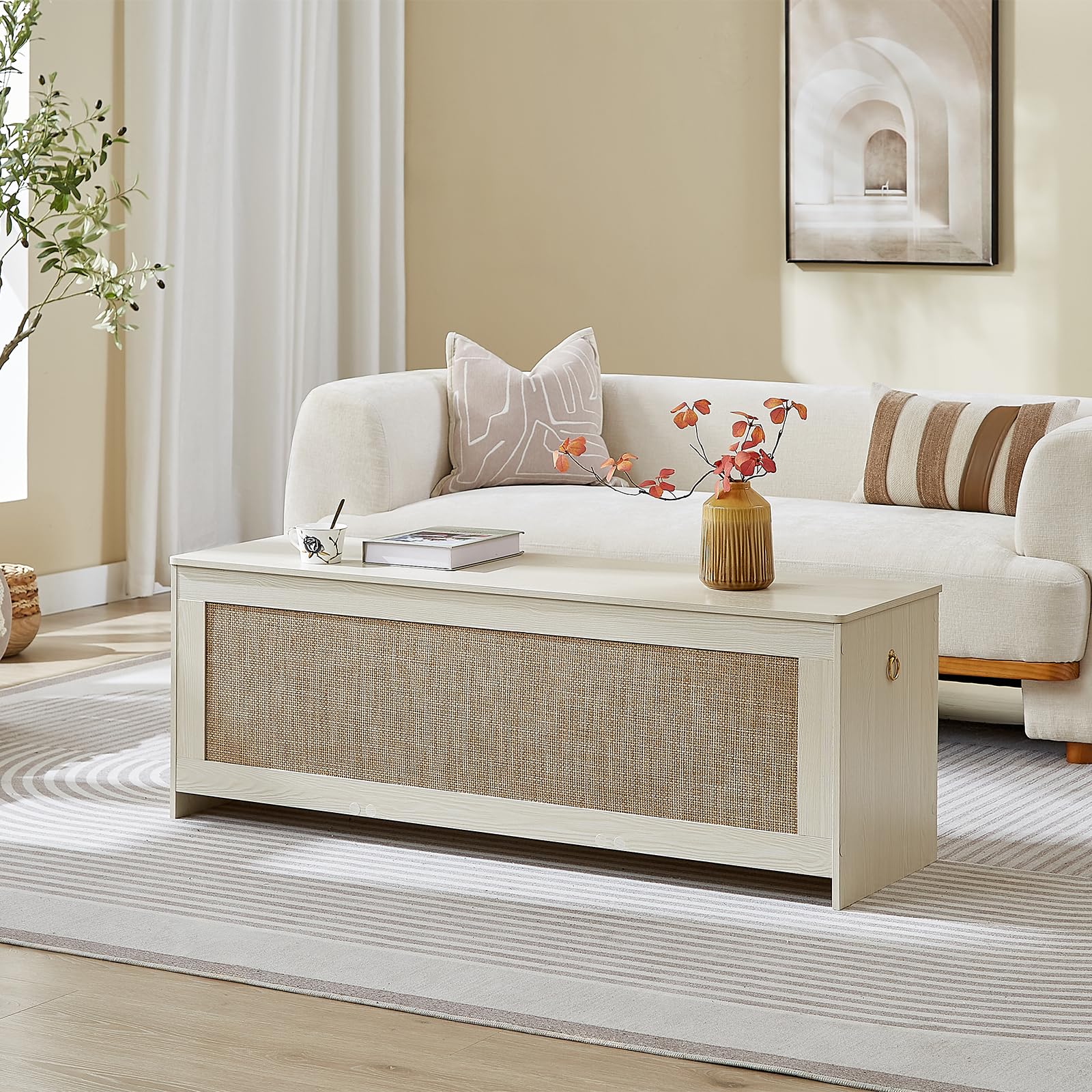 ZenFang 51.2" Storage Chest Extra Large,Storage Bench with 2 Safety Hinges,Wooden Shoe Bench,51.2x15.7x18.3 Inch,Easy Assembly,Storage Bench for Bedroom,Living Room,entryway(White Cream)