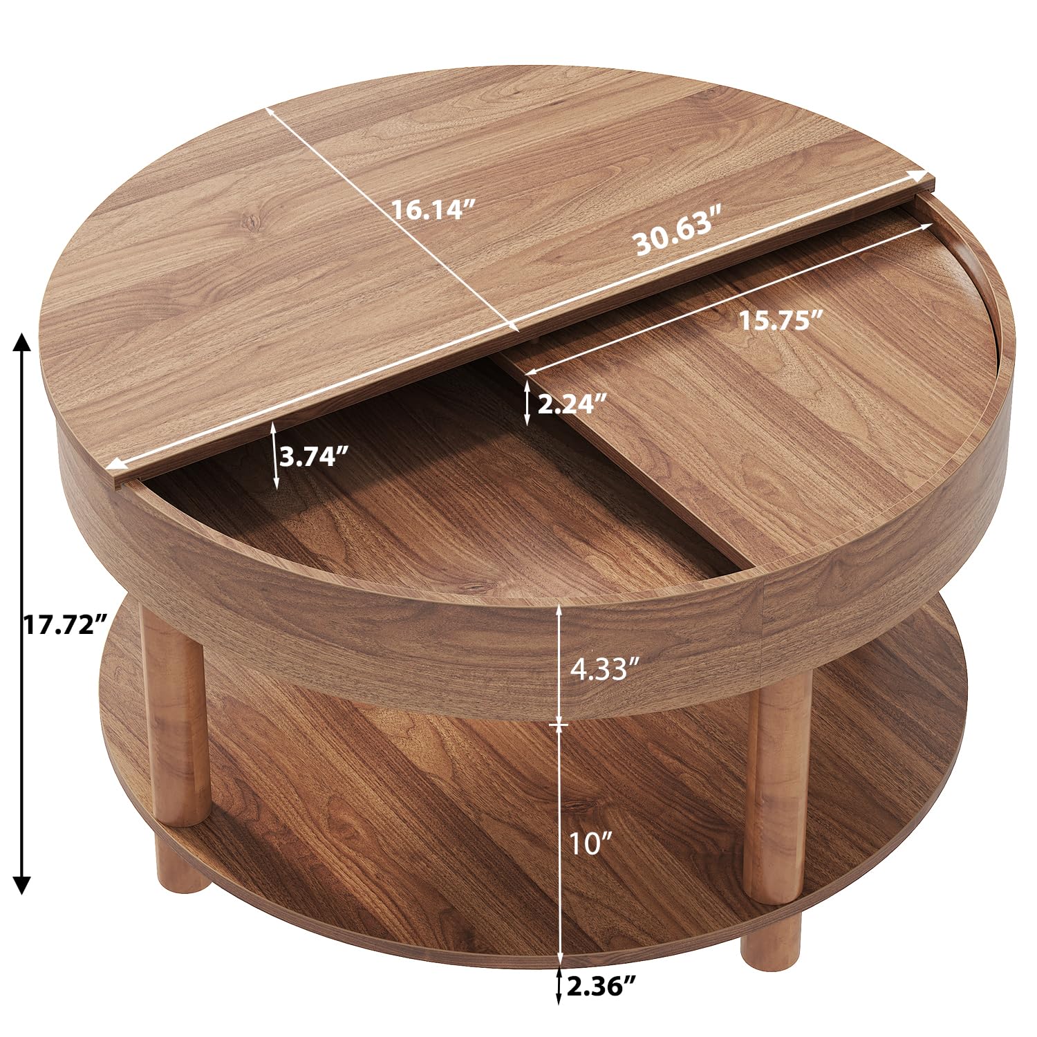 HSH Round Coffee Table, Modern Living Room Table with 2-Tier Storage, 360°Rotating Desktop, Removable Tray, Wood Circle Center Cocktail Table for Living Room, Bedroom, Office, Walnut, 30.63 Inch