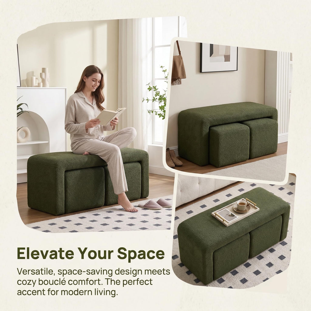 LukeAlon 3-Piece Nesting Ottoman Bench Set, 40.5" Wide Upholstered End of Bed Bench with 2 Small Stools Sherpa Comfy Entry Bench Vanity Stools Modern Arched Bench for Living Room Bedroom, Green
