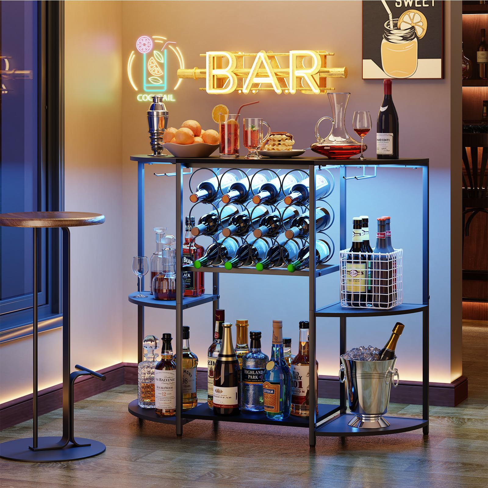 3-Tier Wine Bar Cabinet with LED Lights & Glass Holder