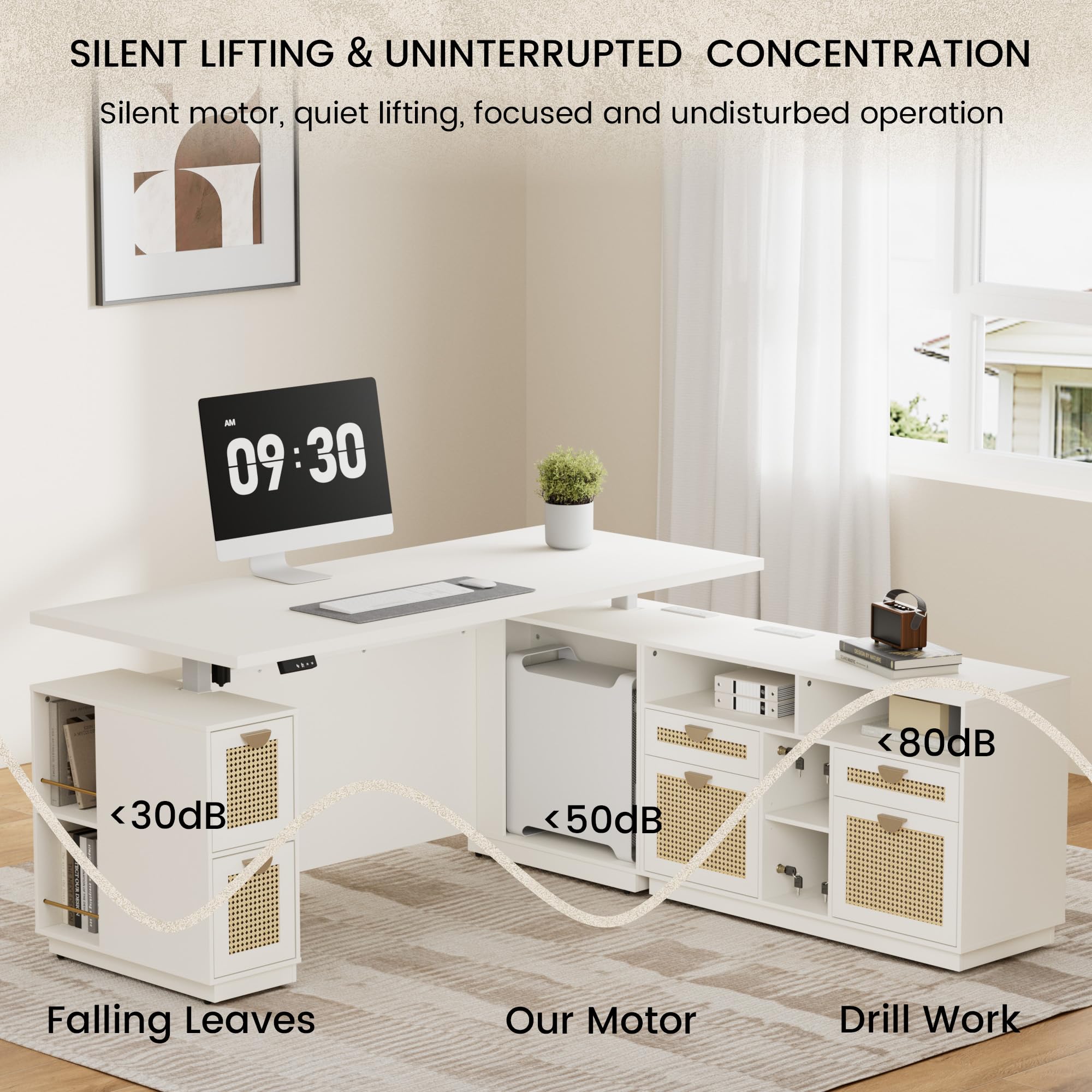Electric Standing L-Shaped Executive Desk with File Cabinet