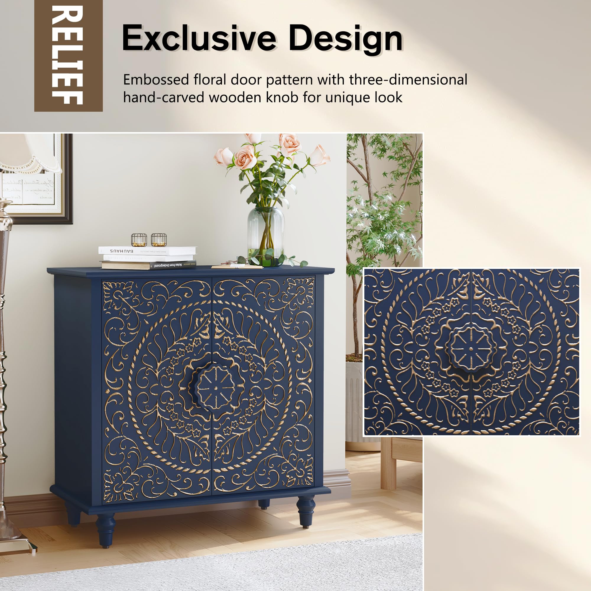 Accent Cabinet with Carved Flower Pattern Doors