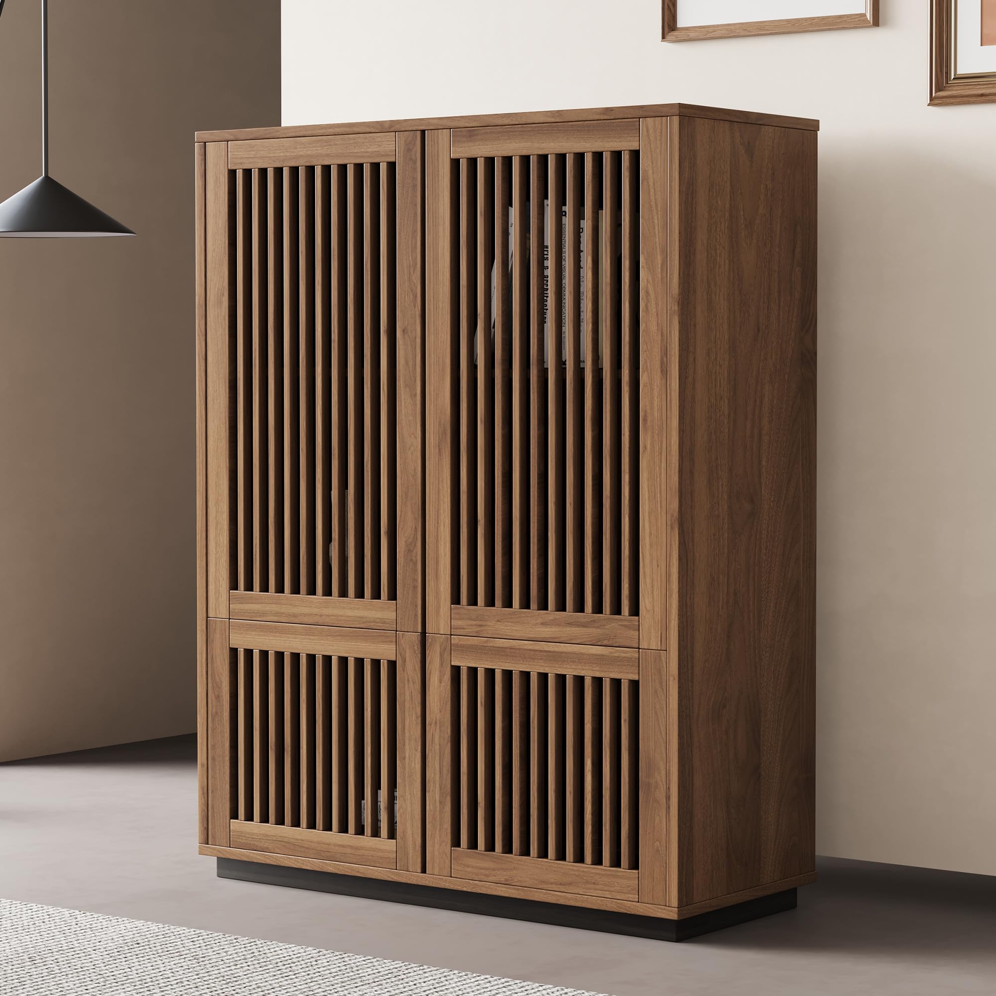 Wooden Slatted Door Storage Cabinet - Multifunctional Design, Elegant and Minimalist, Perfect for Living Room, Dining Room, or Study (34.84")