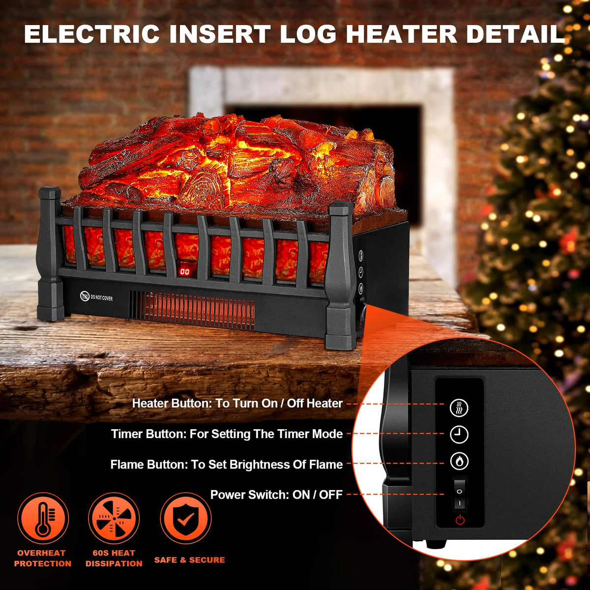Electric Fireplace Logs Inserts Heater with Remote Control for Home Decor
