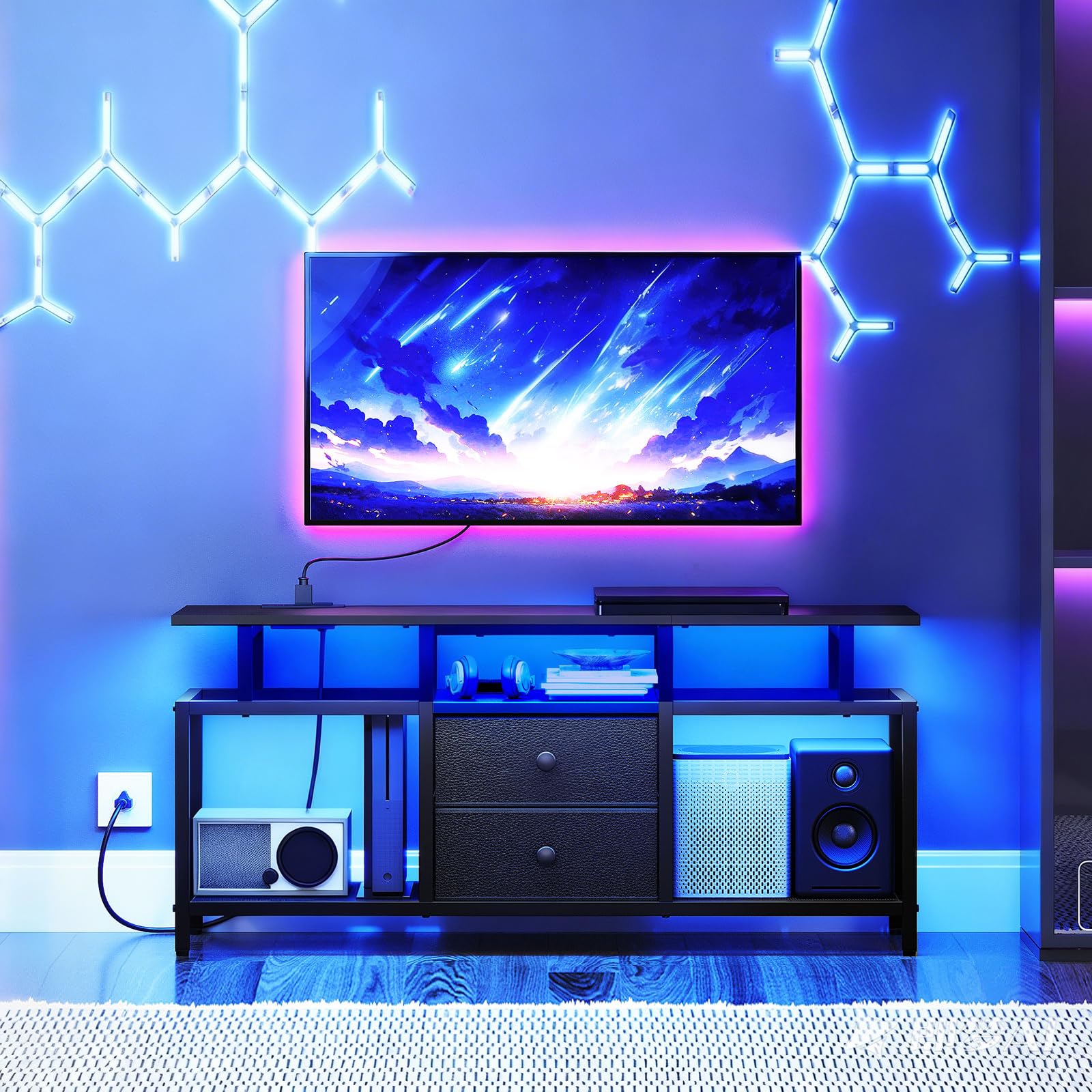 YATINEY TV Stand with LED Light and Power Outlets, Entertainment Center with Fabric Drawers and Open Shelves, 41.7" TV Cabinet for TVs up to 45 Inch, Media Console for Living Room, Bedroom, DS03UDBB