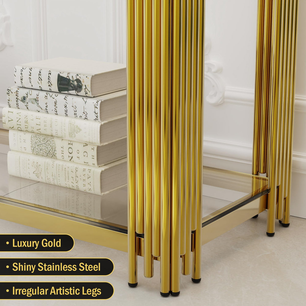 2-Tier Gold Glass Console Table