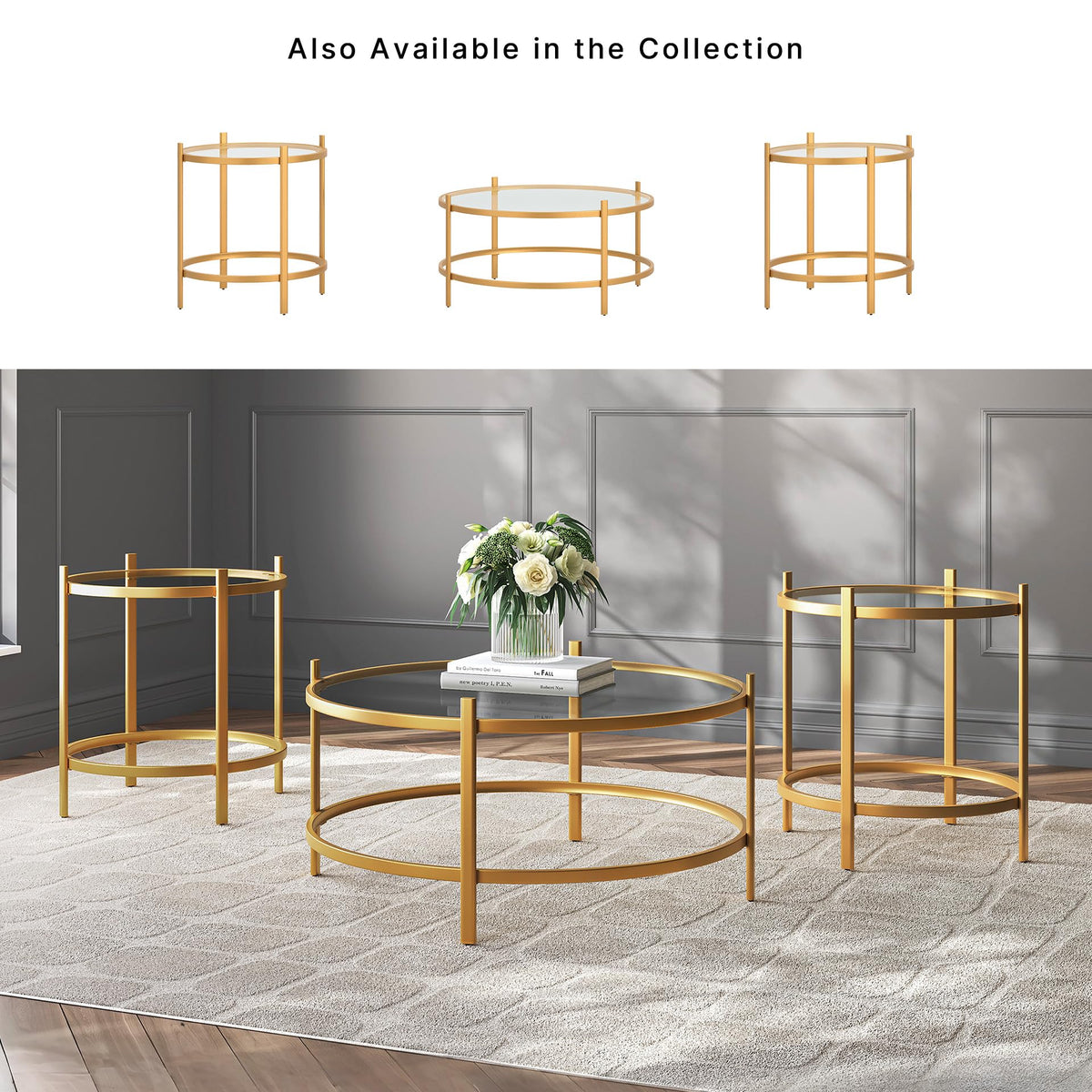 Signature Design by Ashley Pearlox Casual Table with Inset Tempered Glass Top, Set of 3, Gold
