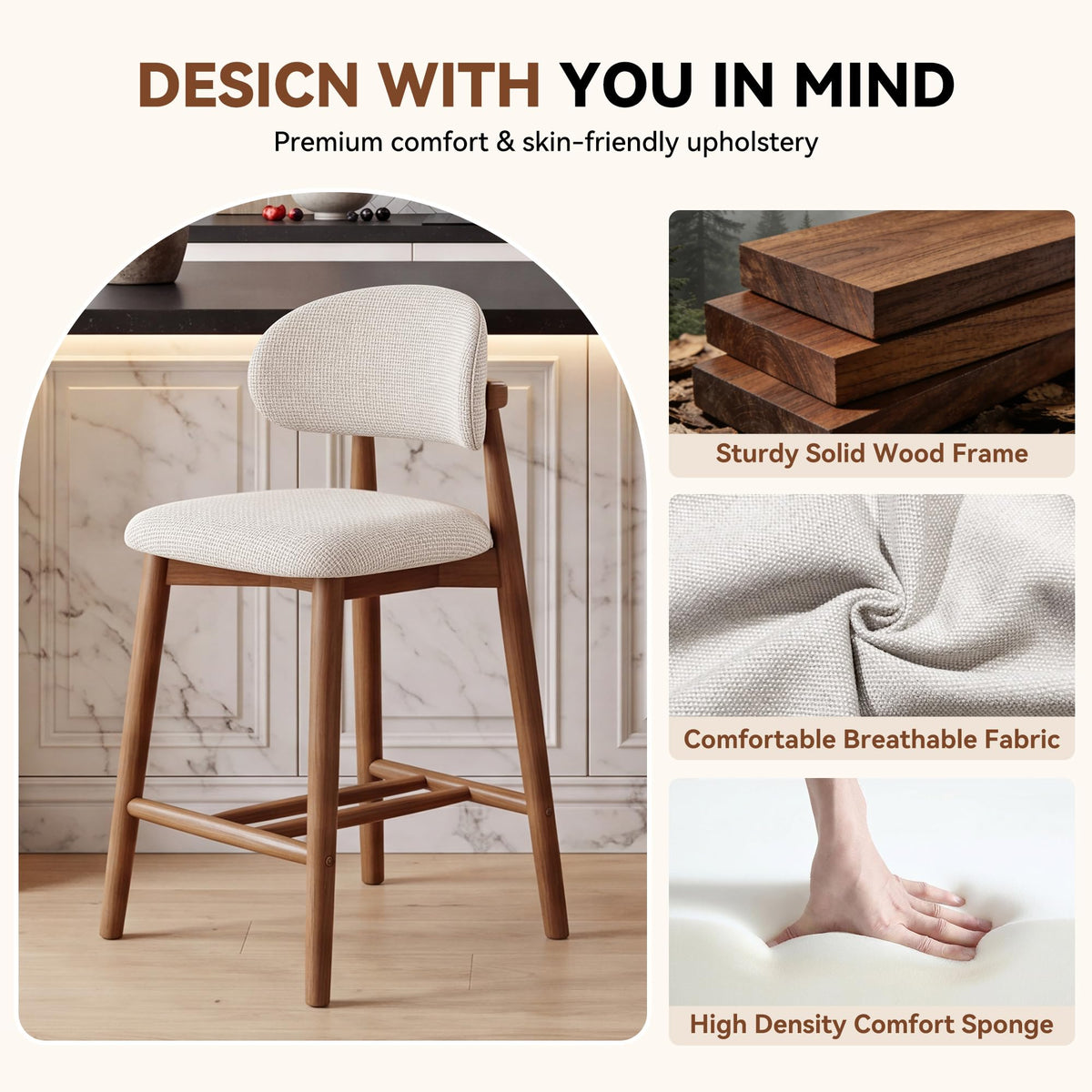 Sinxkaan Bar Stools with Solid‑Wood Frame, for Kitchen & Dining Room (4, Walnut Finish)
