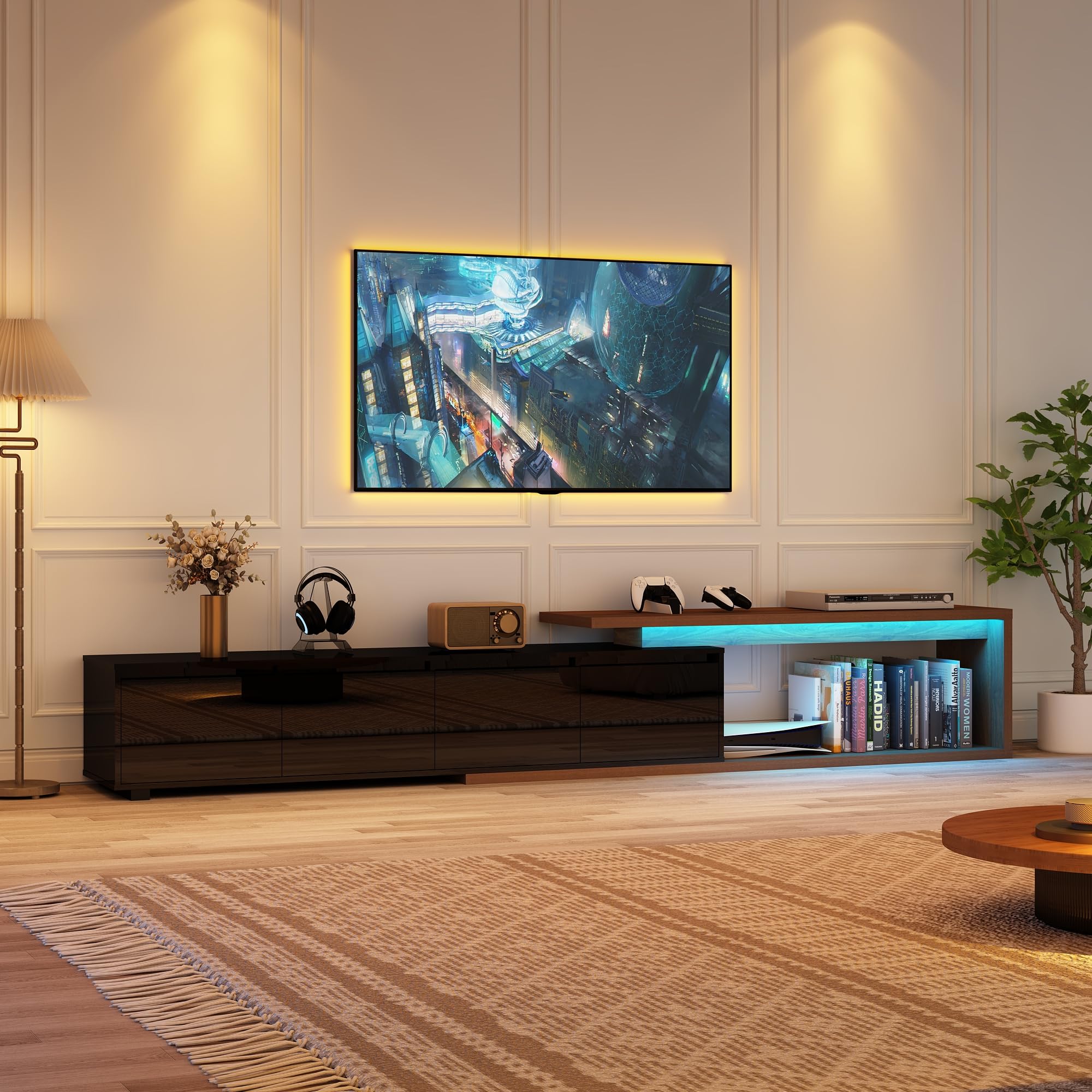 Extendable TV Stand with LED Light, Modern Entertainment Center for up to 120 Inch TV, Wood TV Media Console with 2 Drawers & 2 Cabinets for Living Room Bedroom, 75"-110", High Gloss Black & Walnut