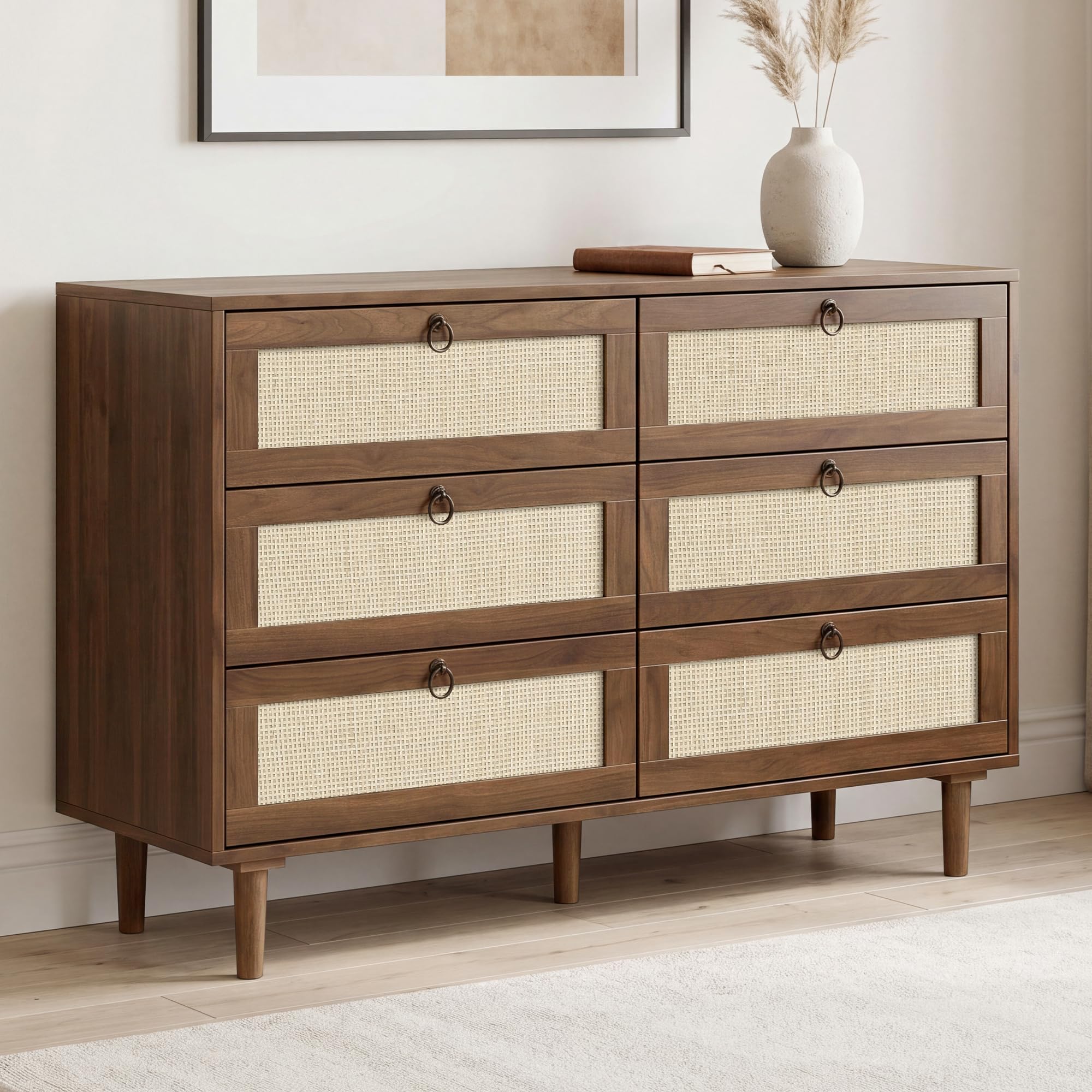 LAZZO 6 Drawer Dresser for Bedroom Dresser for Closet Rattan Chest of Drawers Mid Century Modern TV Stand with Golden Handles for Closet, Living Room and Apartment (Walnut)