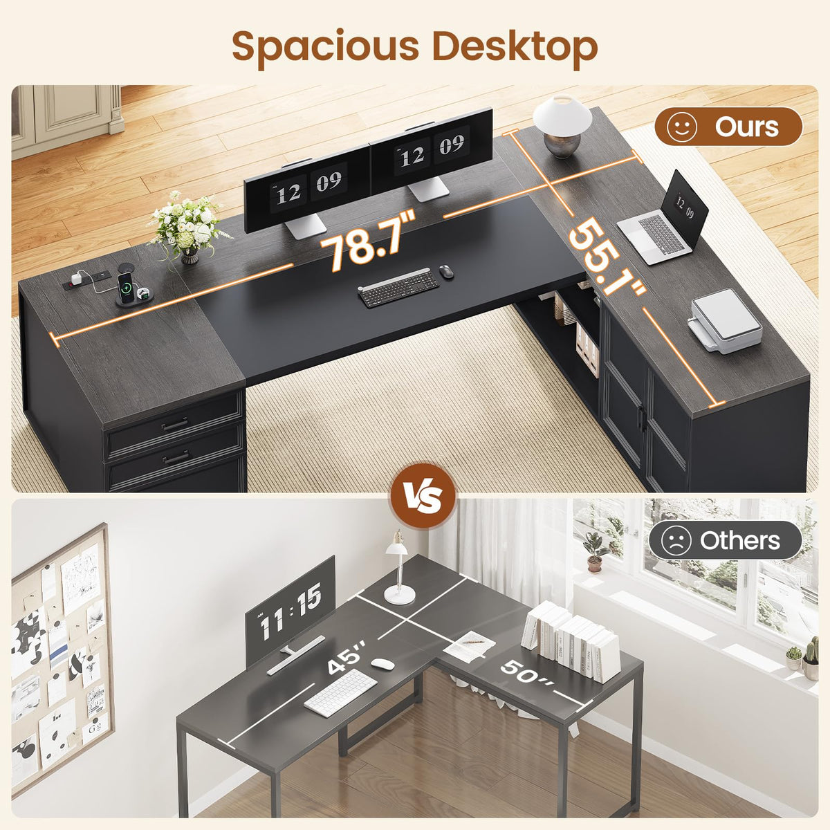 L-Shaped Executive Desk with Charging Station