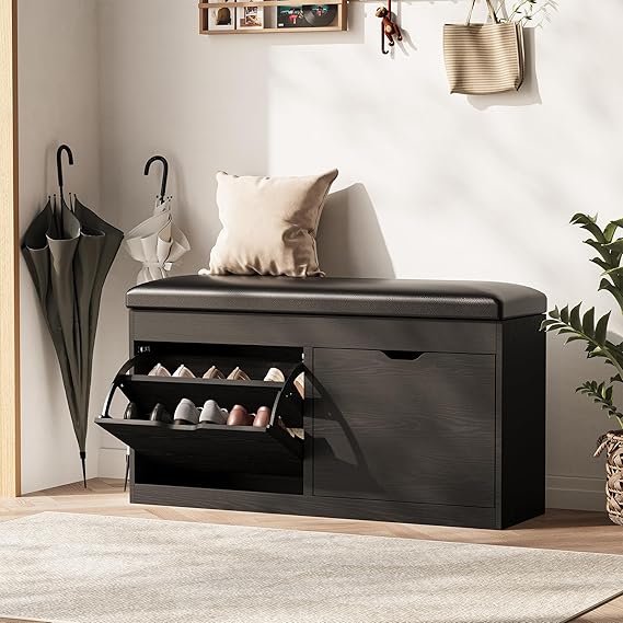 Entryway Shoe Storage Bench with Flip Drawers & Padded Seat