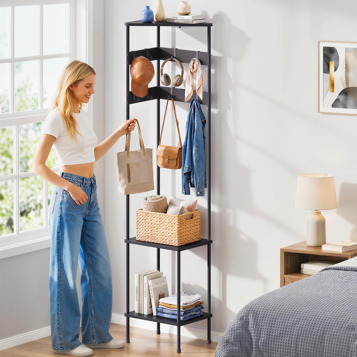Corner Coat Rack with Shelves