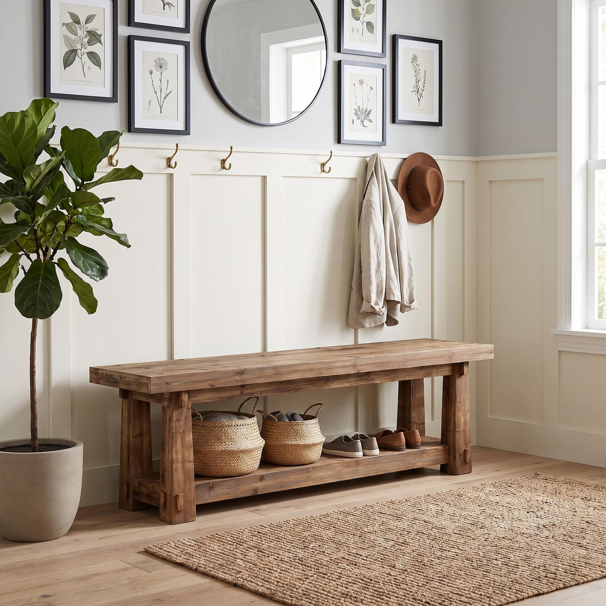 TRIBEWOOD 55" Wood Entryway Bench with Shoe Storage, Rustic Dining Bench