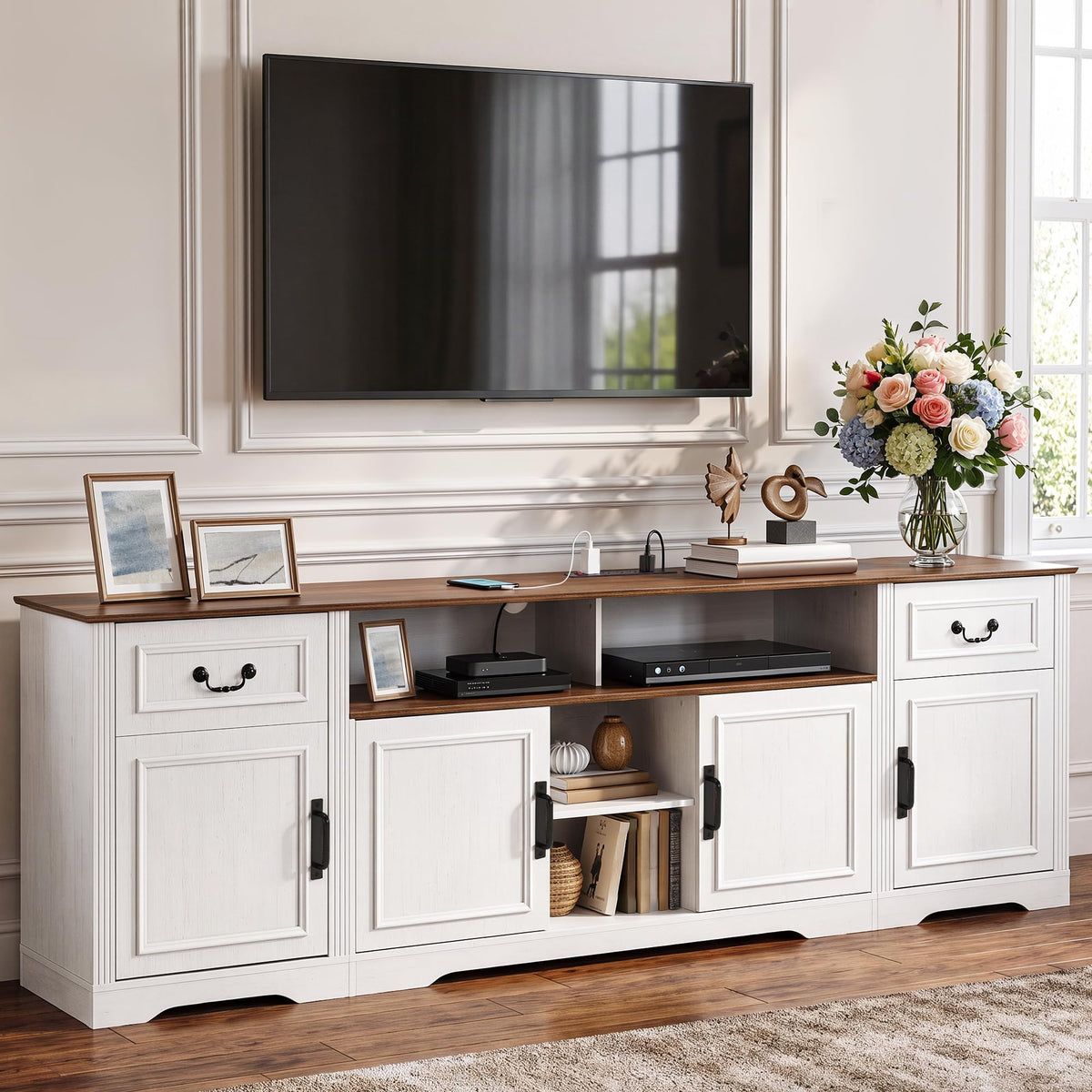 YITAHOME 87" Farmhouse TV Stand with Power Outlet for 100" TV, White/Walnut