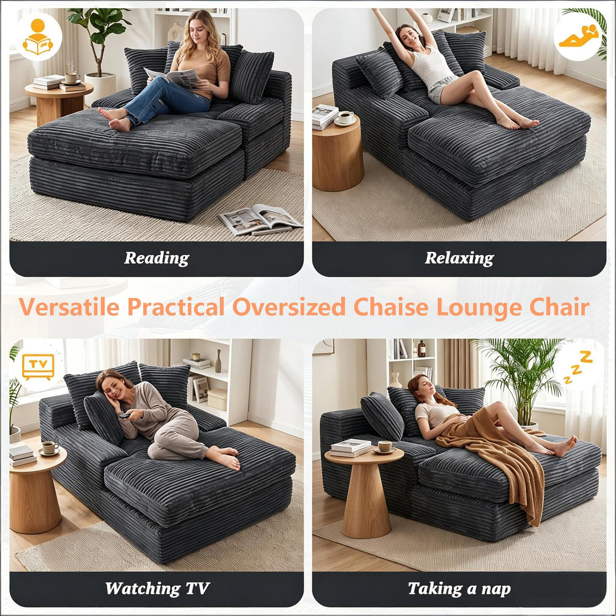 Vipbear Chaise Lounge Chair,69" Oversized Boneless Couch with 3 Pillows