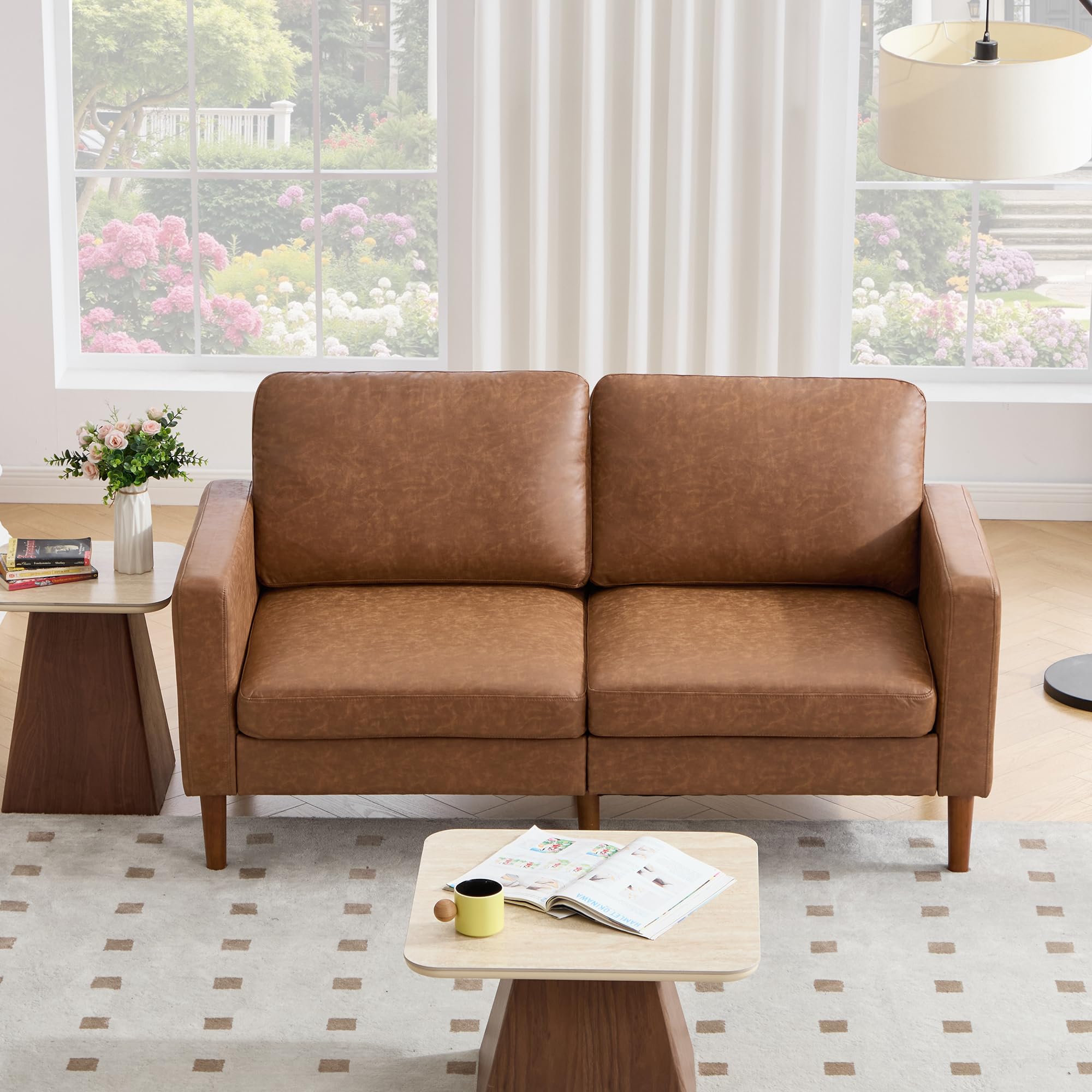 Kingfun 65" Loveseat Sofa, Faux Leather Love Seat Couch, Mid Century Modern Couch with Solid Wooden Frame for Living Room & Bedroom in Small Spaces, Brown