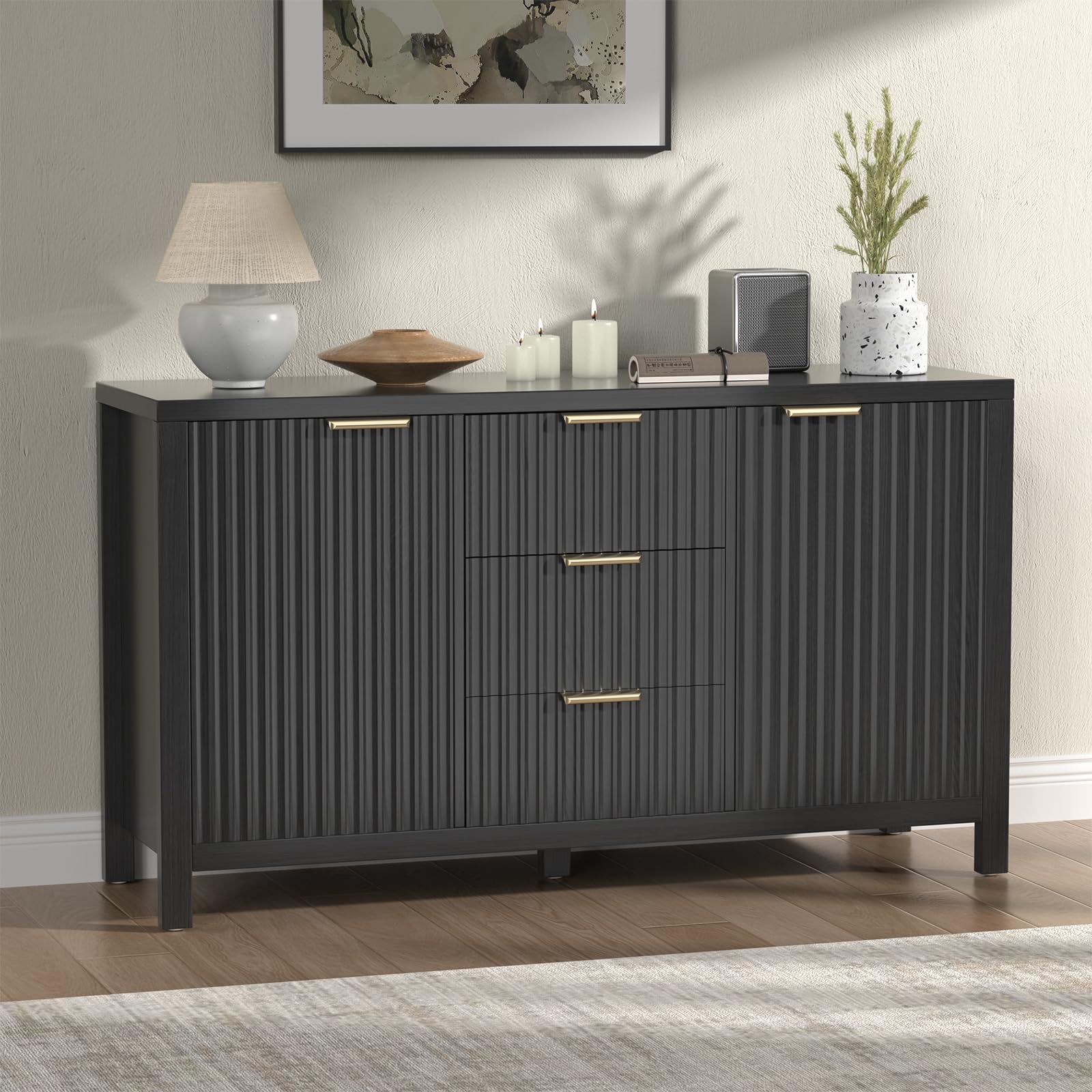 OUTISAN Fluted Sideboard Buffet Cabinet 47.2" Buffet Cabinet with 3 Drawers & 2 Doors, Large Coffee Bar Console Table for Dining Room, Living Room, Entryway