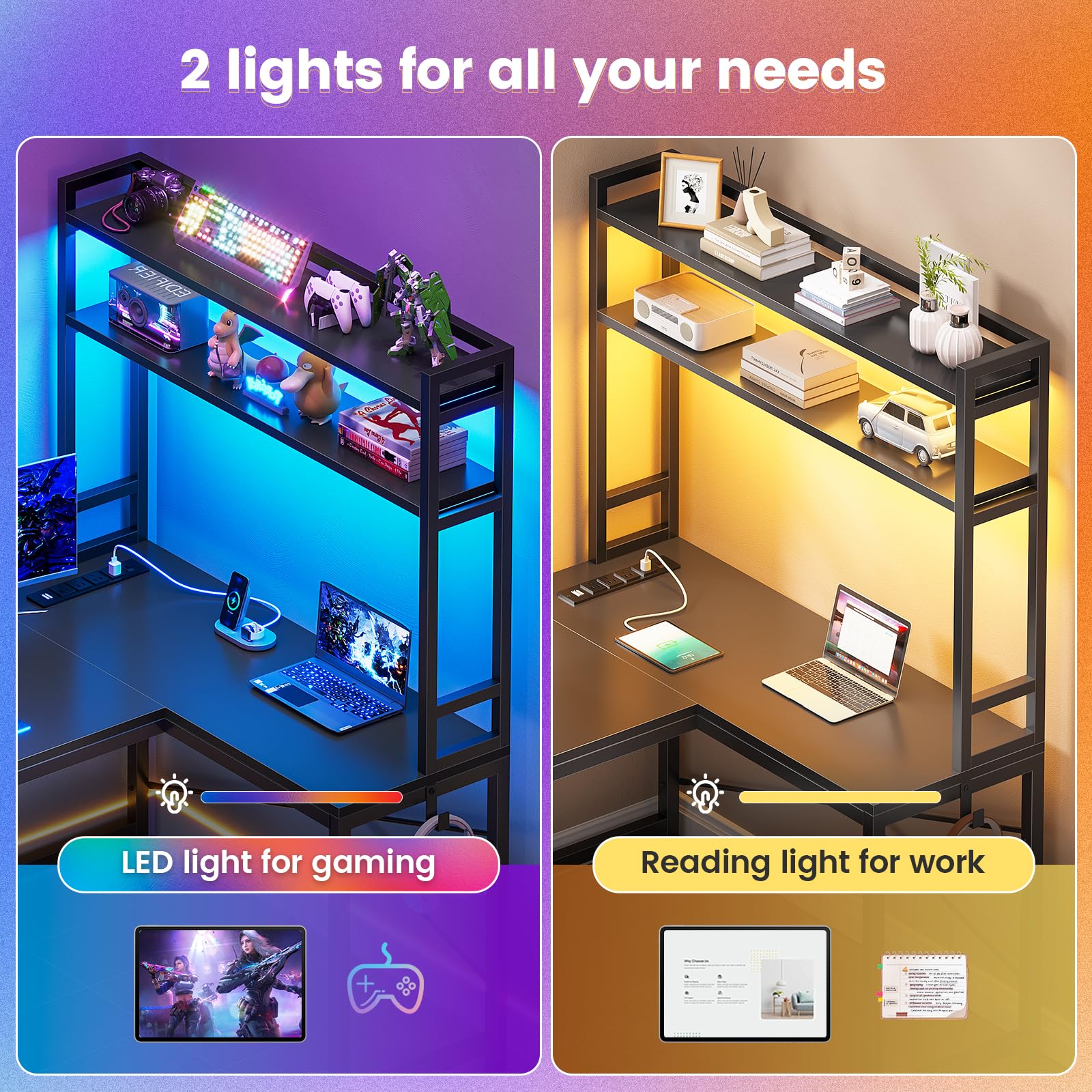 L-Shaped Corner Desk with Power Outlet & LED Lights