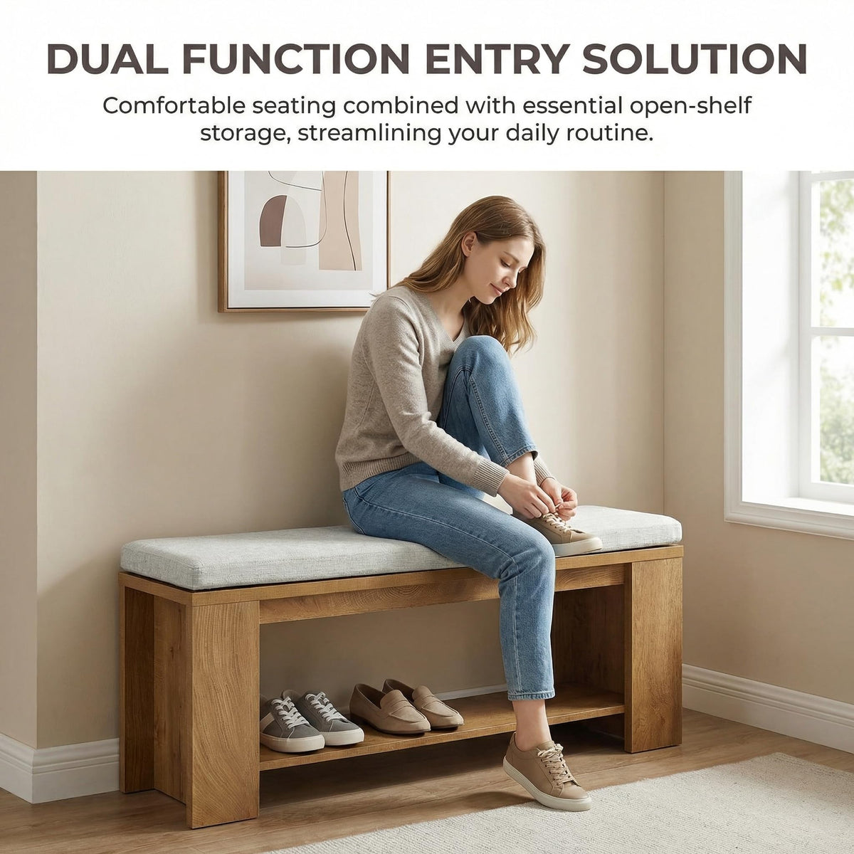 Tribesigns Upholstered Entryway Bench, 47-Inch Long Farmhouse End of Bed Bench with Padded Seat and MDF Frame, Rustic Indoor Cushion Seat for Entrance, Hallway, Bedroom