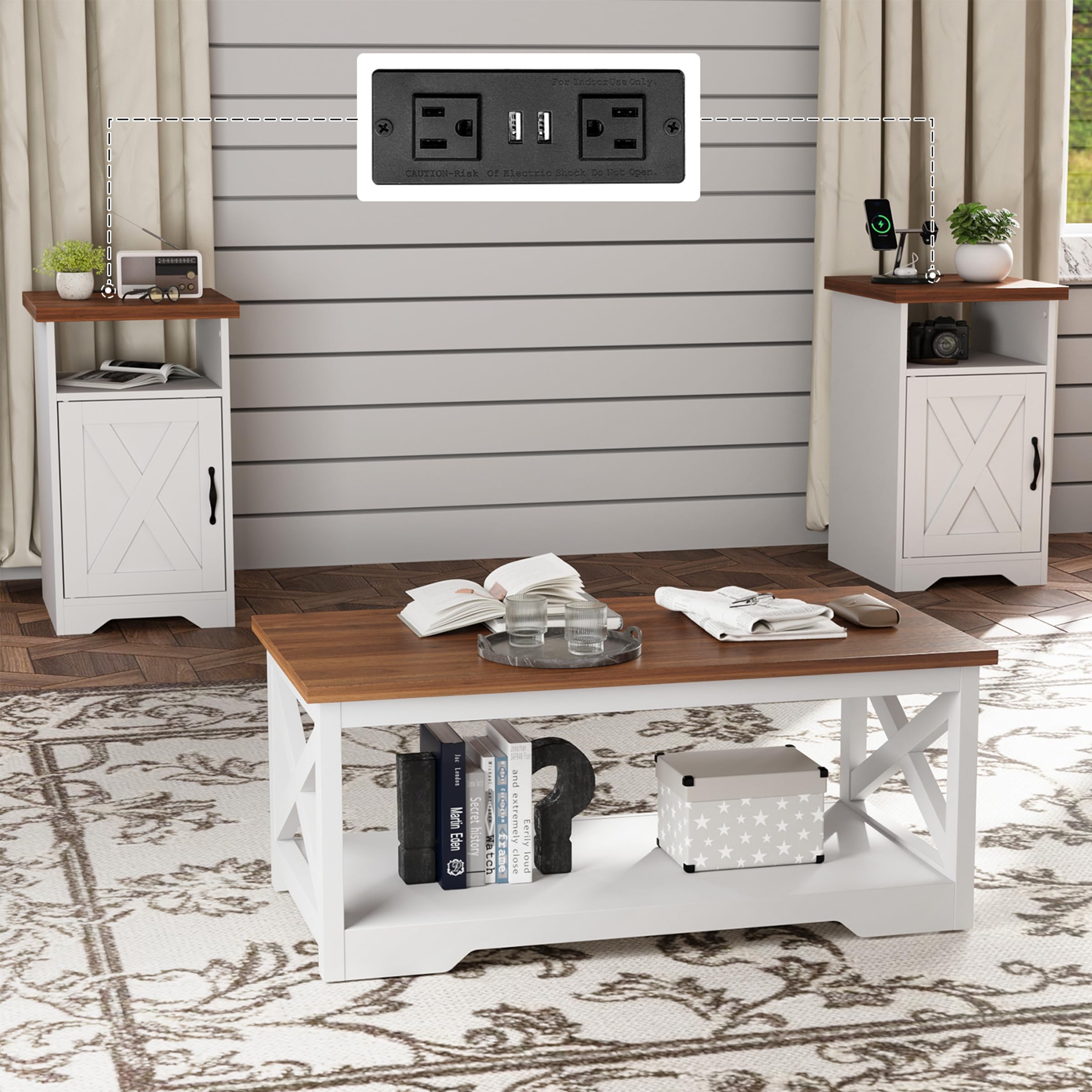 Farmhouse Coffee & End Table Set of 3 with Charging Station