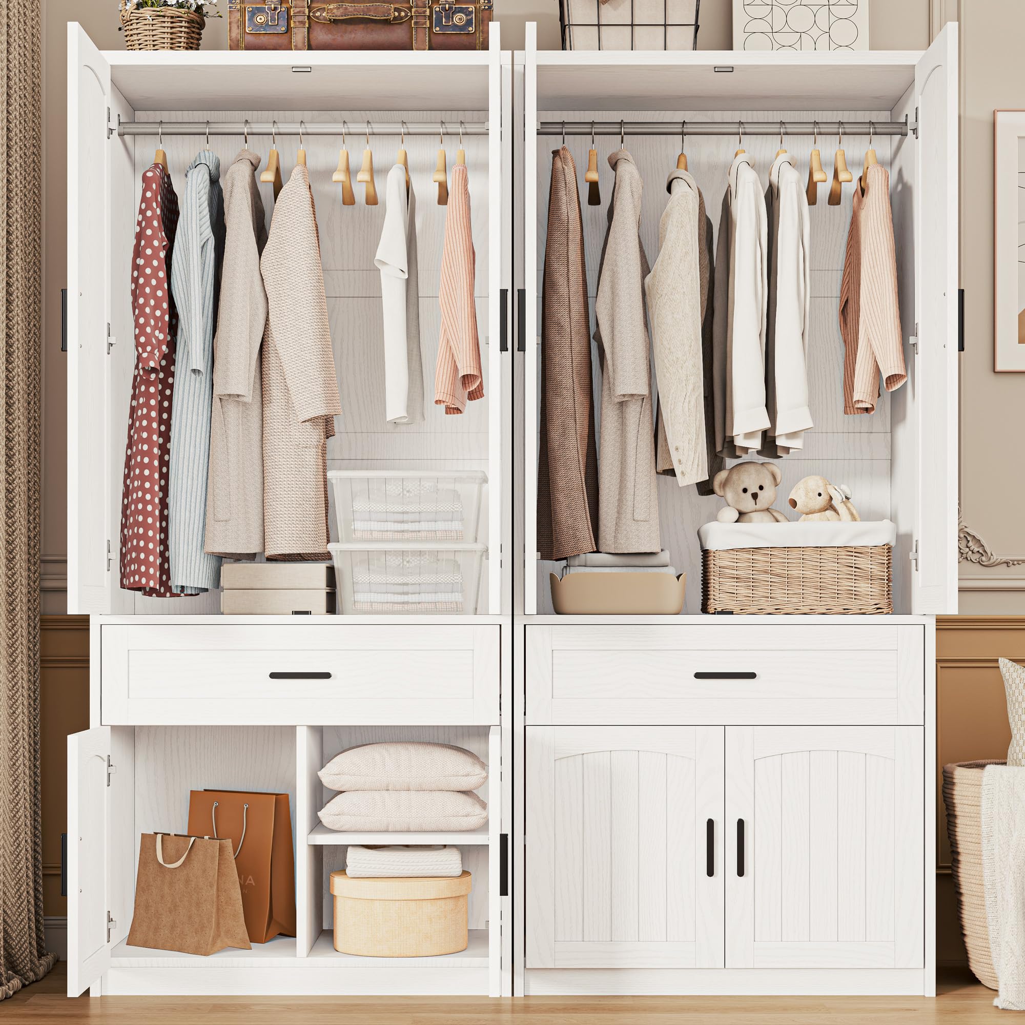 LIKIMIO 77" Tall Freestanding Armoire Wardrobe Closet with 4 Doors, Drawer, Hanging Rod & Adjustable Shelves, Bedroom Clothes Storage Cabinet, White