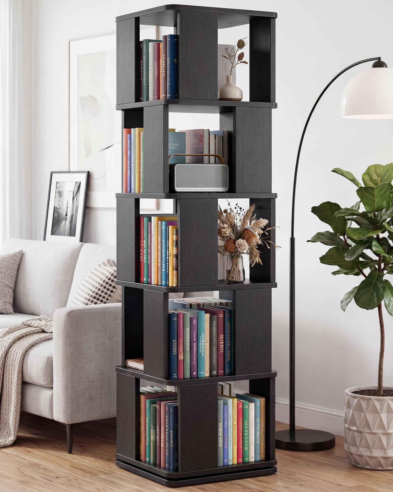 Foxemart 5-Tier Rotating Bookshelf Tower, 360° Spinning Modern Book Storage Bookcase, Stable Display Corner Book Shelf for Kids Room, Living Room, Bedroom, Home Office, Black