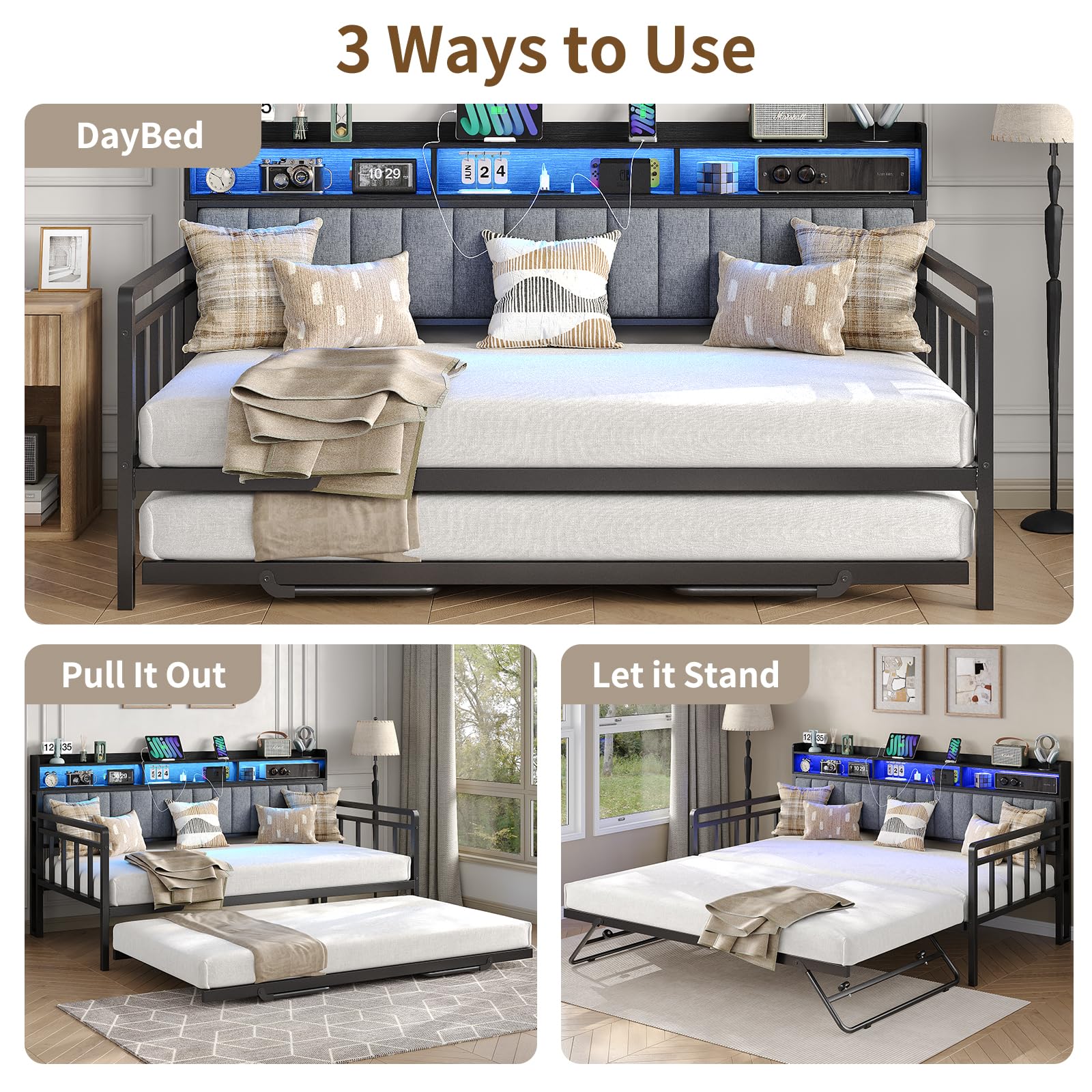Daybed with Trundle & RGB Lights, Twin Sofa Bed Frame with Charging Station, Pull Point Day Bed with Storage Headboard, Heavy Duty Metal Trundle Bed Twin for Living Room, Bedroom, Guest Room