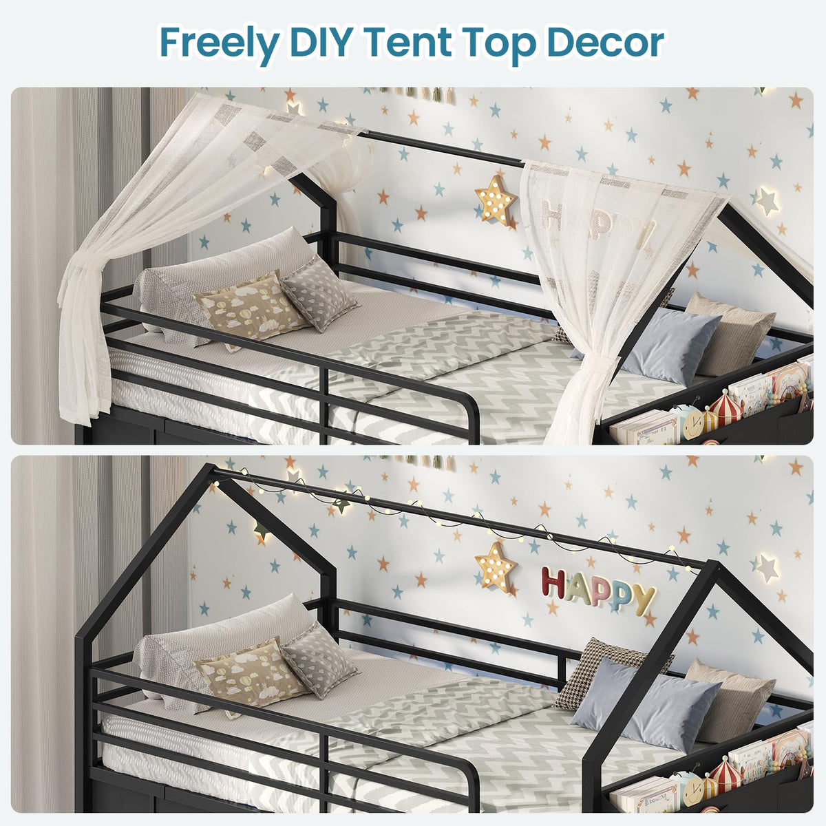 Low Loft Bed T Size with 6 Storage Drawers,Stuffed Animal Storage,LED Light