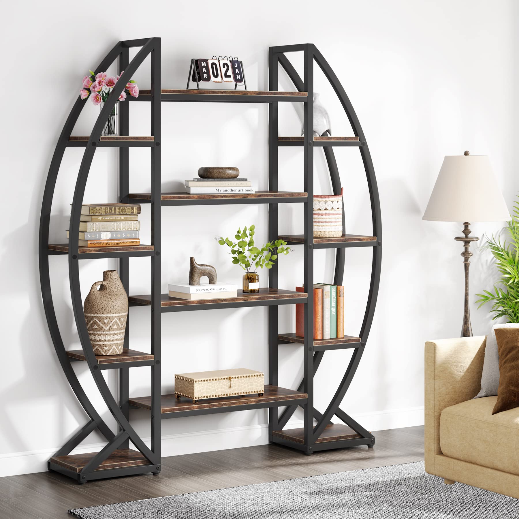 Triple Wide Oval Etagere Bookcase – 5-Tier, 12 Shelves, Industrial Metal Frame