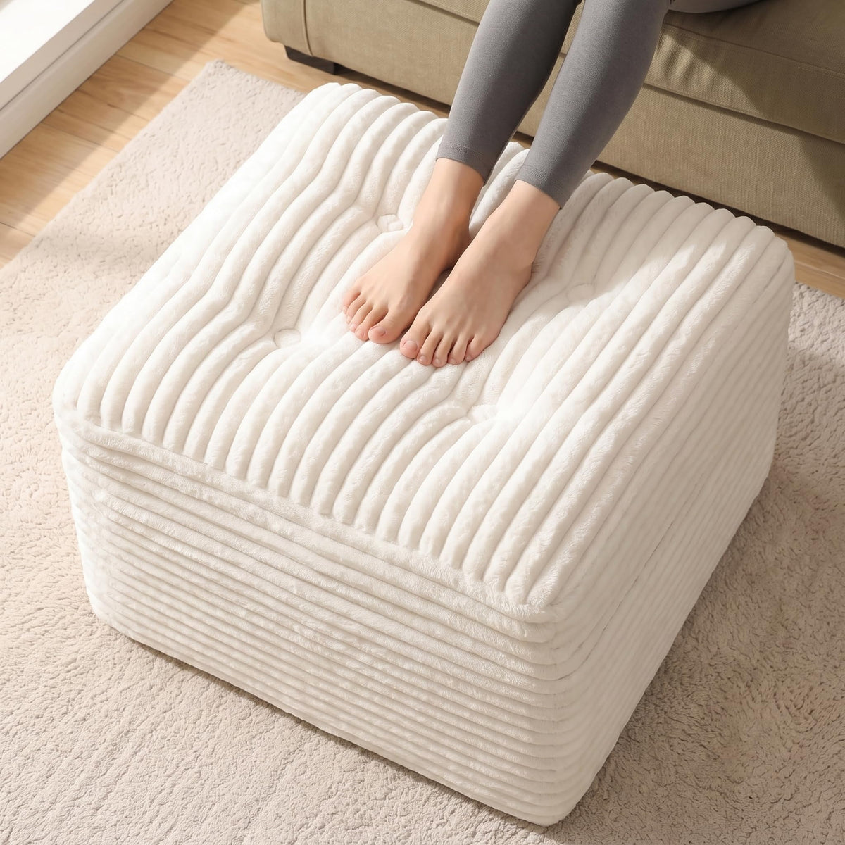 OXVIT 23.6in Pouf Ottoman, Corduroy Ottoman Foot Rest Footstool, Beige