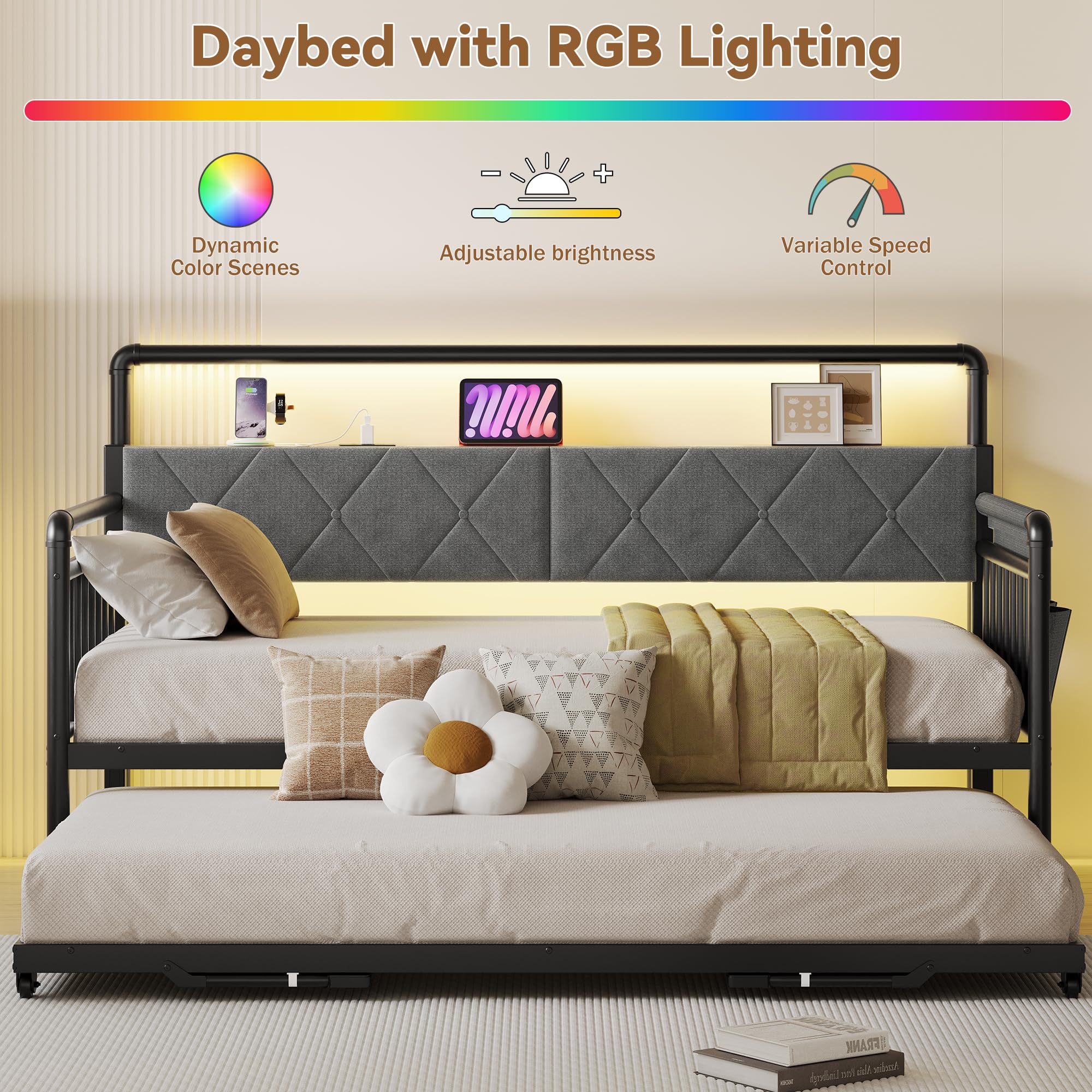 Hretanant Daybed with Trundle Bed, Twin Bed Frame with LED Light, Storage Headboard with Charging Station, Strong Metal Frame, Sofa Day Bed for Living Room, Bedroom, Guest Room, Grey