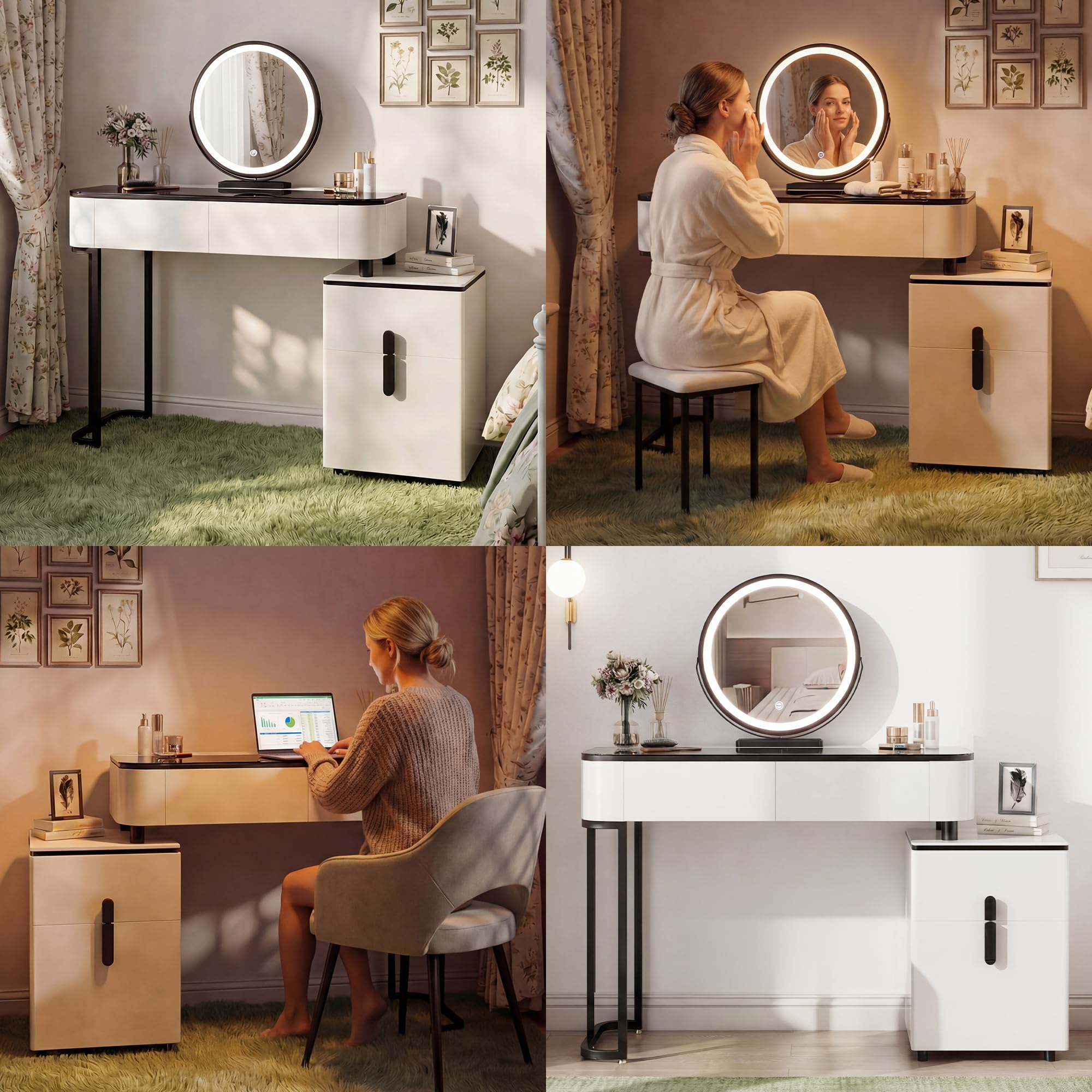 Furnistar White Vanity Desk with Mirror and Lights | Small Vanity with Black Glass Top and 4 Drawers | Modern Makeup Vanity and Reversible Adjustable Side Cabinet (39.37"–51.2") for Bedroom
