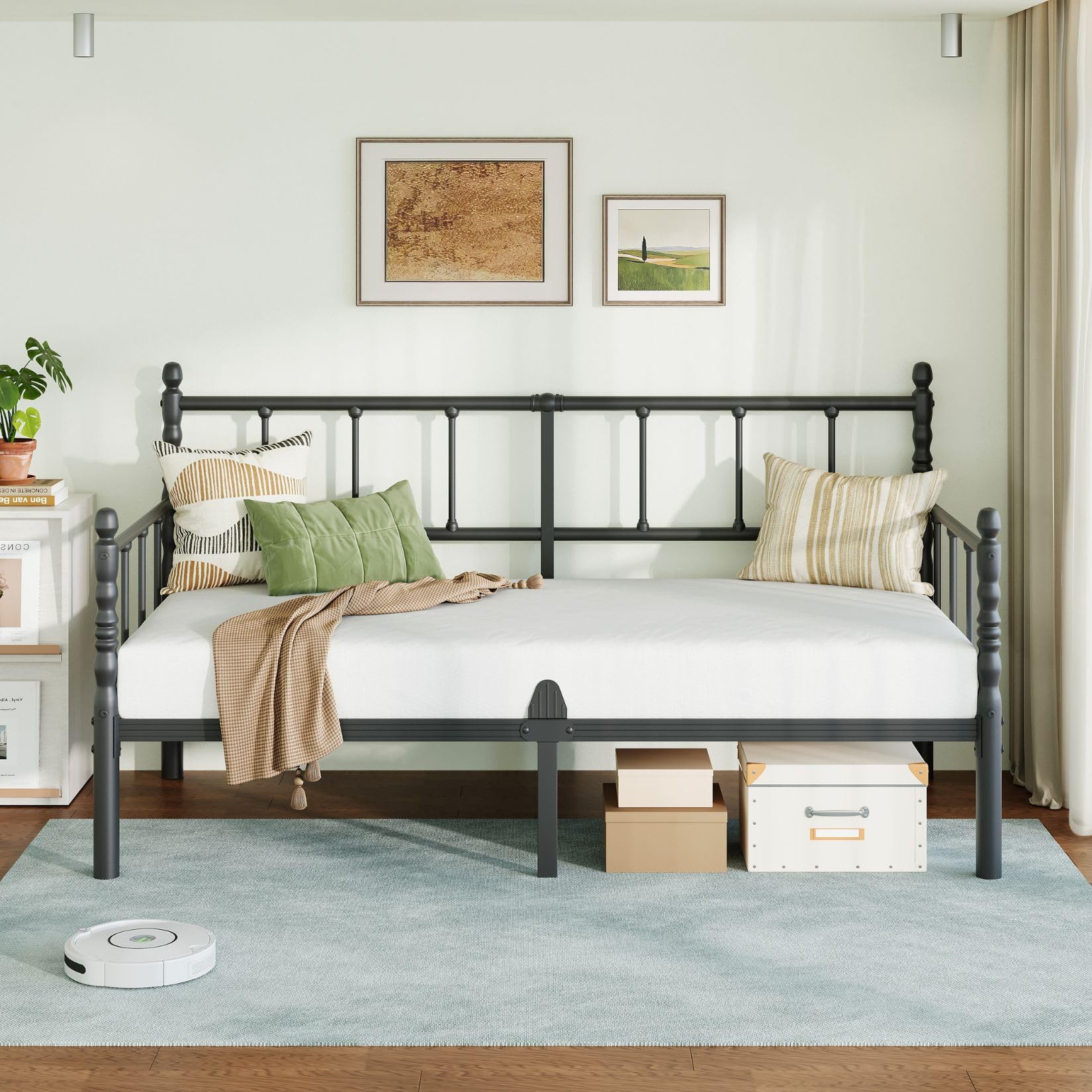 Twin Metal Daybed Frame with Roman Column Headboard