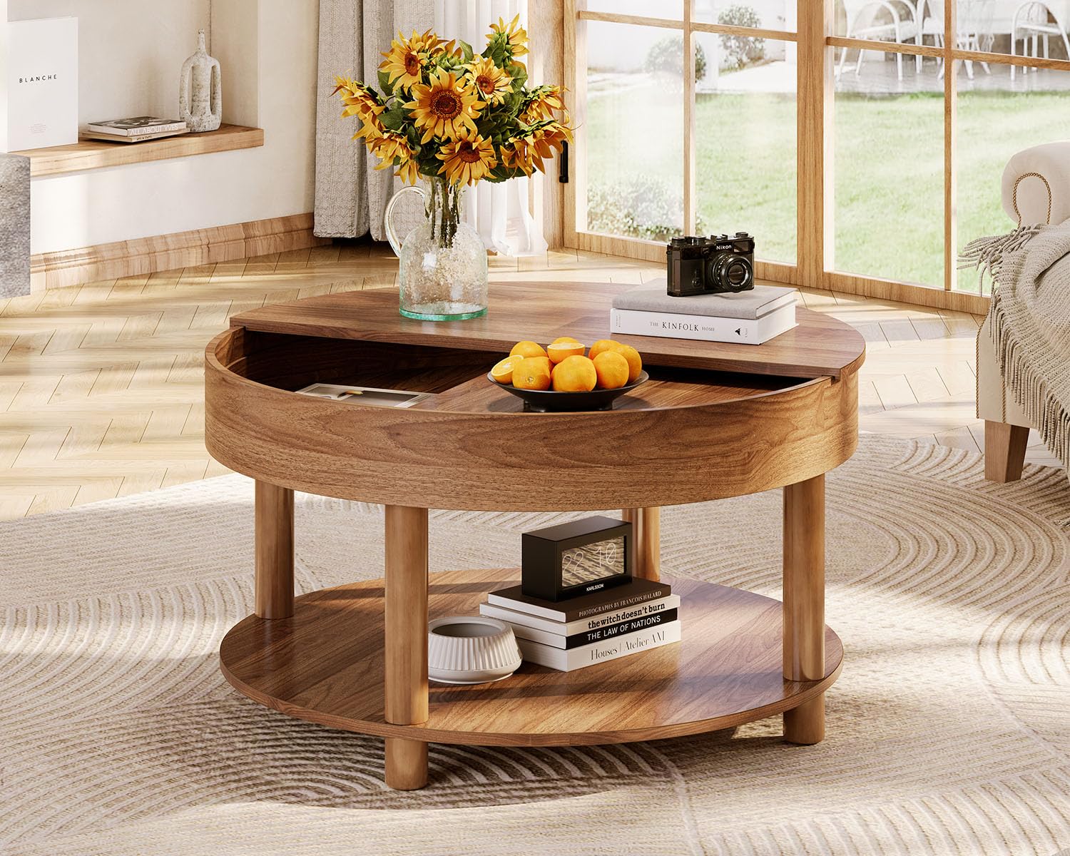 HSH Round Coffee Table, Modern Living Room Table with 2-Tier Storage, 360°Rotating Desktop, Removable Tray, Wood Circle Center Cocktail Table for Living Room, Bedroom, Office, Walnut, 30.63 Inch